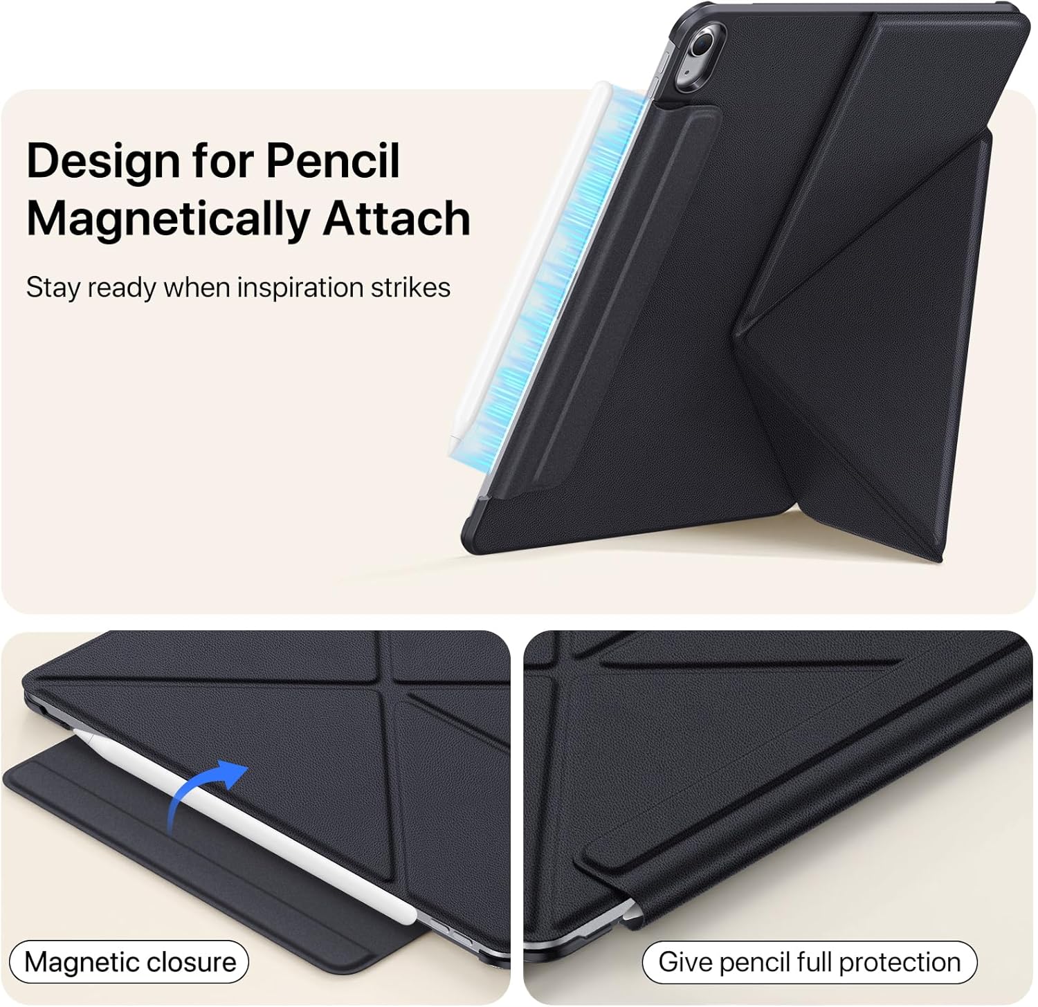 for iPad A16 Case, iPad 11th/10th Generation Case (2025/2022), Slim Foldable Multi-Angle Folio with Strong Magnetic Attachment, Auto Wake/Sleep & Hidden Pencil Holder (Black, iPad 11/10)