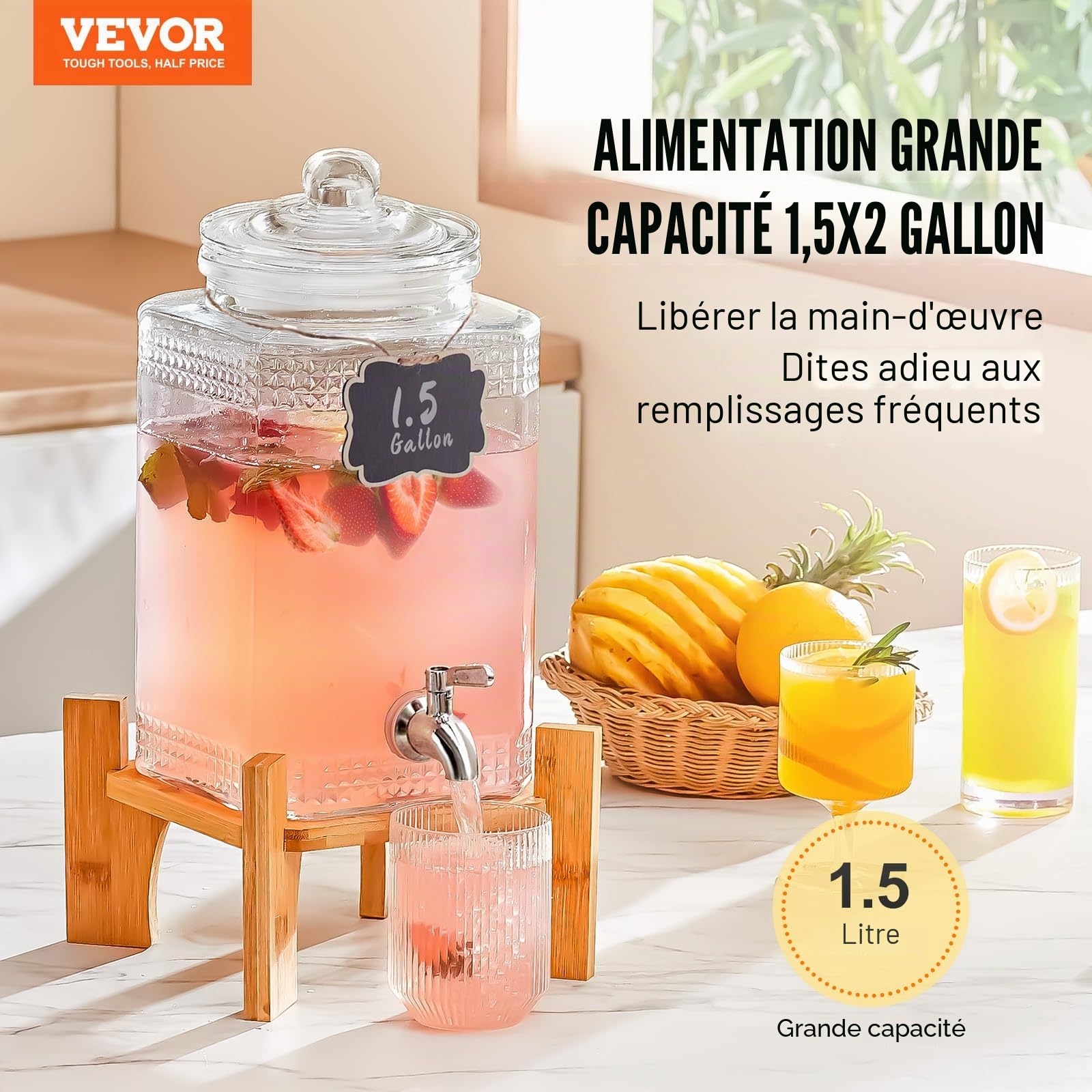VEVOR Distributeur de Boissons de 5,5 L, Fontaine à Eau en Verre Alimentaire avec Support, Robinet en Acier Inoxydable, Distribution de Jus Limonade Thé Glacé, pour Restaurants, Hôtels, Cafés, Soirées