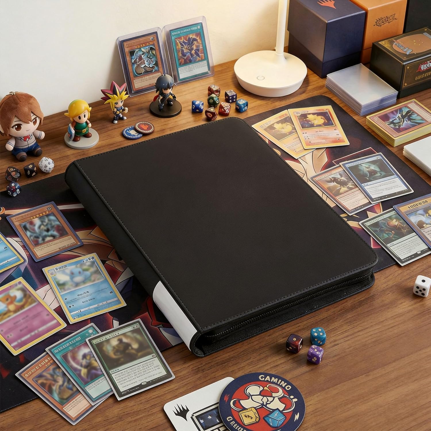 Black Toploader Card Binder, 9-Pocket Zippered Album with 20 Sleeves, Holds 360 Toploaders, Thermo PU Leather Collector Organizer for Pokemon, Sports Cards, TCG & K-pop Photocards