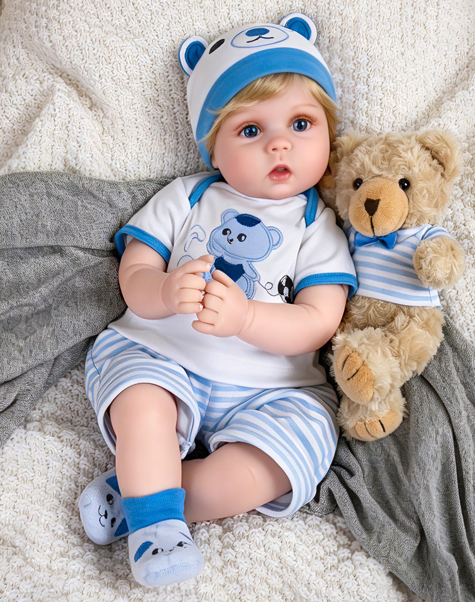 Aori Reborn Baby Boy Doll - 22 Inch Lifelike Realistic Newborn - Handmade Weighted Baby Dolls with Soft Cloth Body Cuddly Reborn Toddler for Kids 3+ | Realistic Boy Doll Gift Set