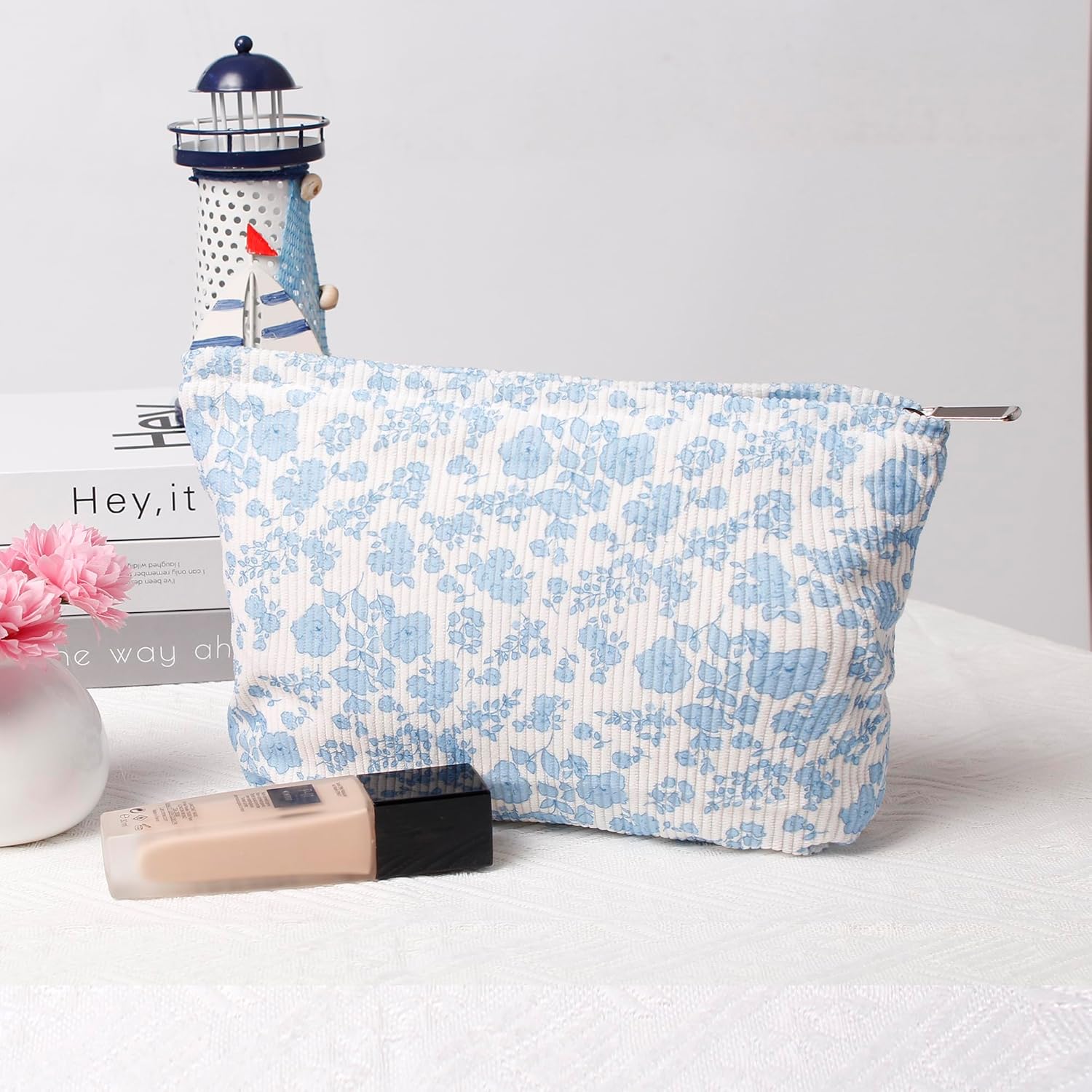 Makeup bag for Women, Flower Cosmetic Bags Zipper Pouch, Large Capacity Corduroy Makeup Bag, Travel Toiletry Bag Organizer for Women and Girls (Flower-A) - Image 2