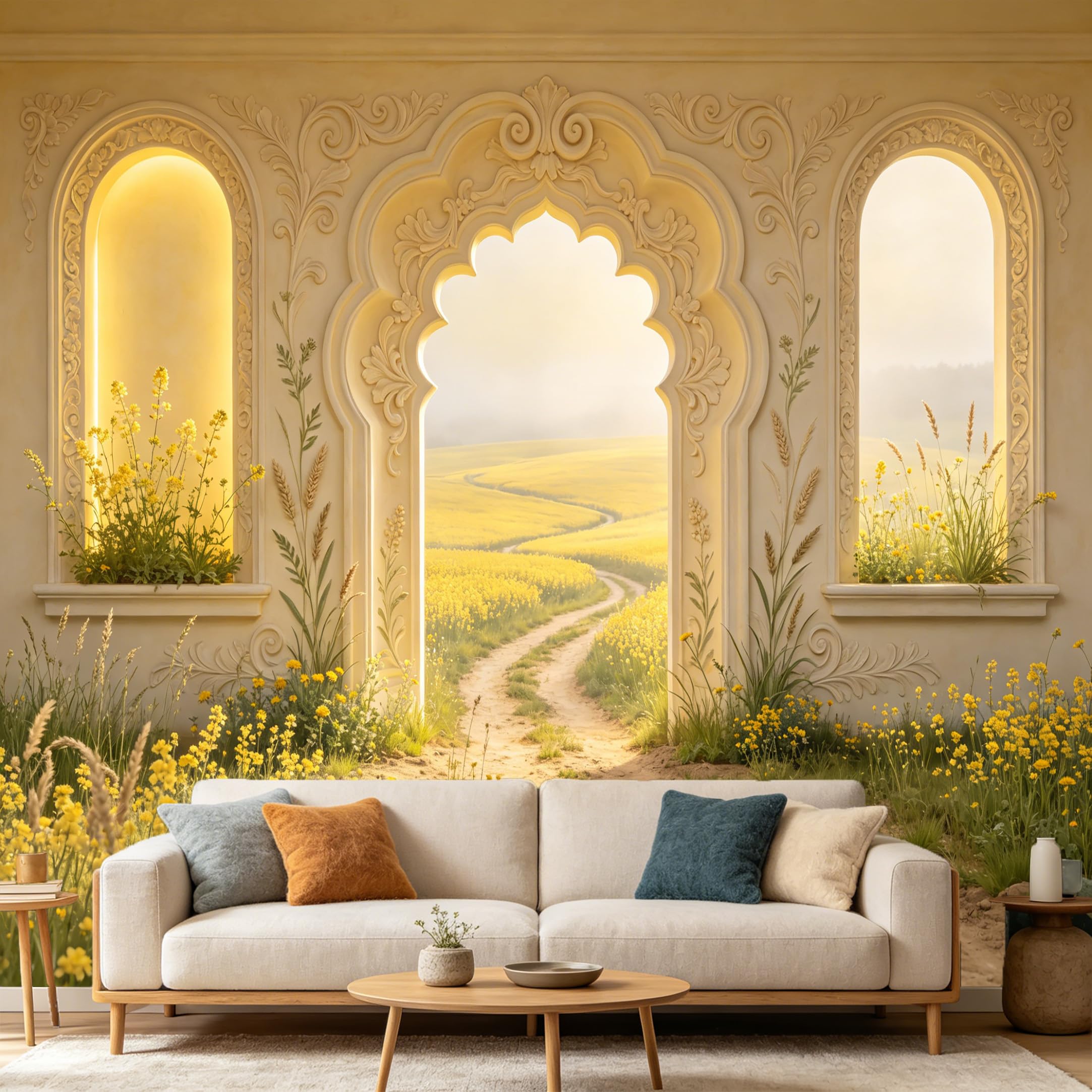 Custom Size Wall Mural， 3D Trompe L'Oeil Mediterranean Archway Golden Meadow Landscape， SelfAdhesive Art Prints wall Fabric Removable Large Wallpaper Home Living Room Decor