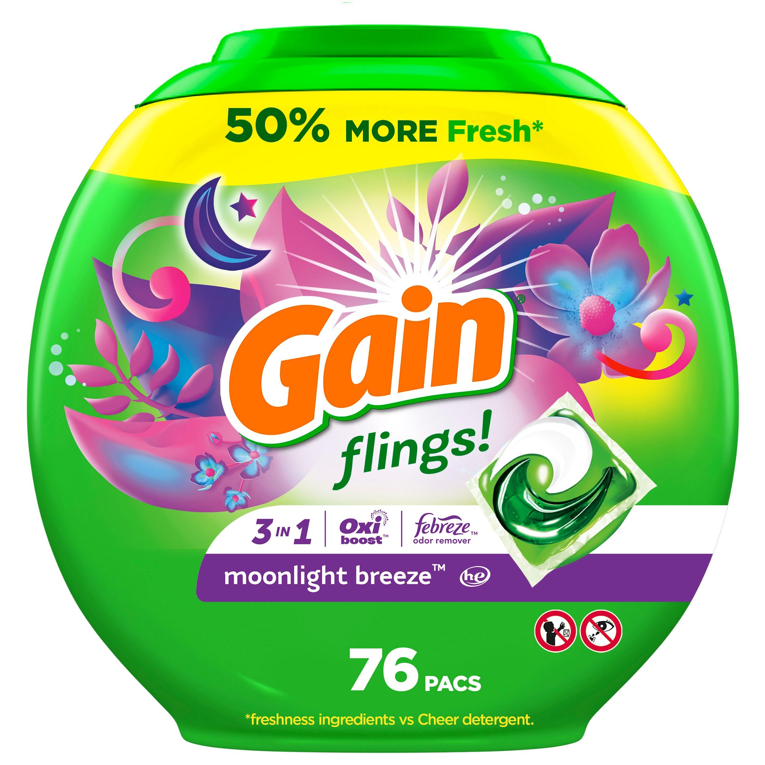 Gain Flings Laundry Detergent Pacs, Moonlight Breeze Scent, with Odor Defense, concentrated laundry soap pacs, 76 Count