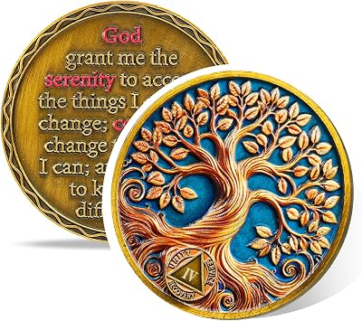Tree of Life 4 Year Sobriety Coin, Recovery & Growth AA Medallion, One Year Golden Sober Coin for Addiction Recovery, Alcoholics Anonymous Sober Gifts for Women Men Sponsor