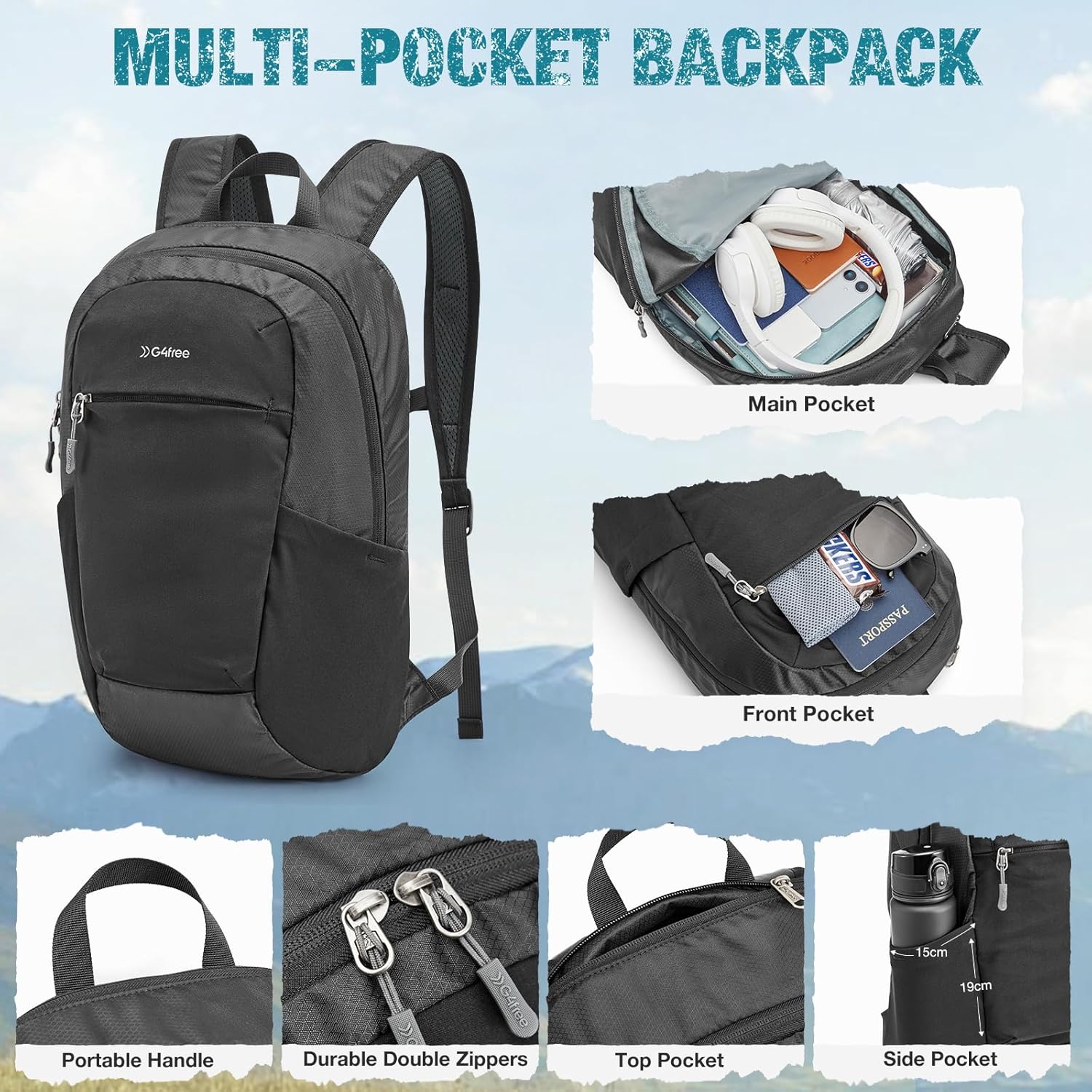 G4Free Packable Hiking Backpack 20L Lightweight Foldable Travel Daypack with Thickened Back Panel for Men Women(Black) - Image 4