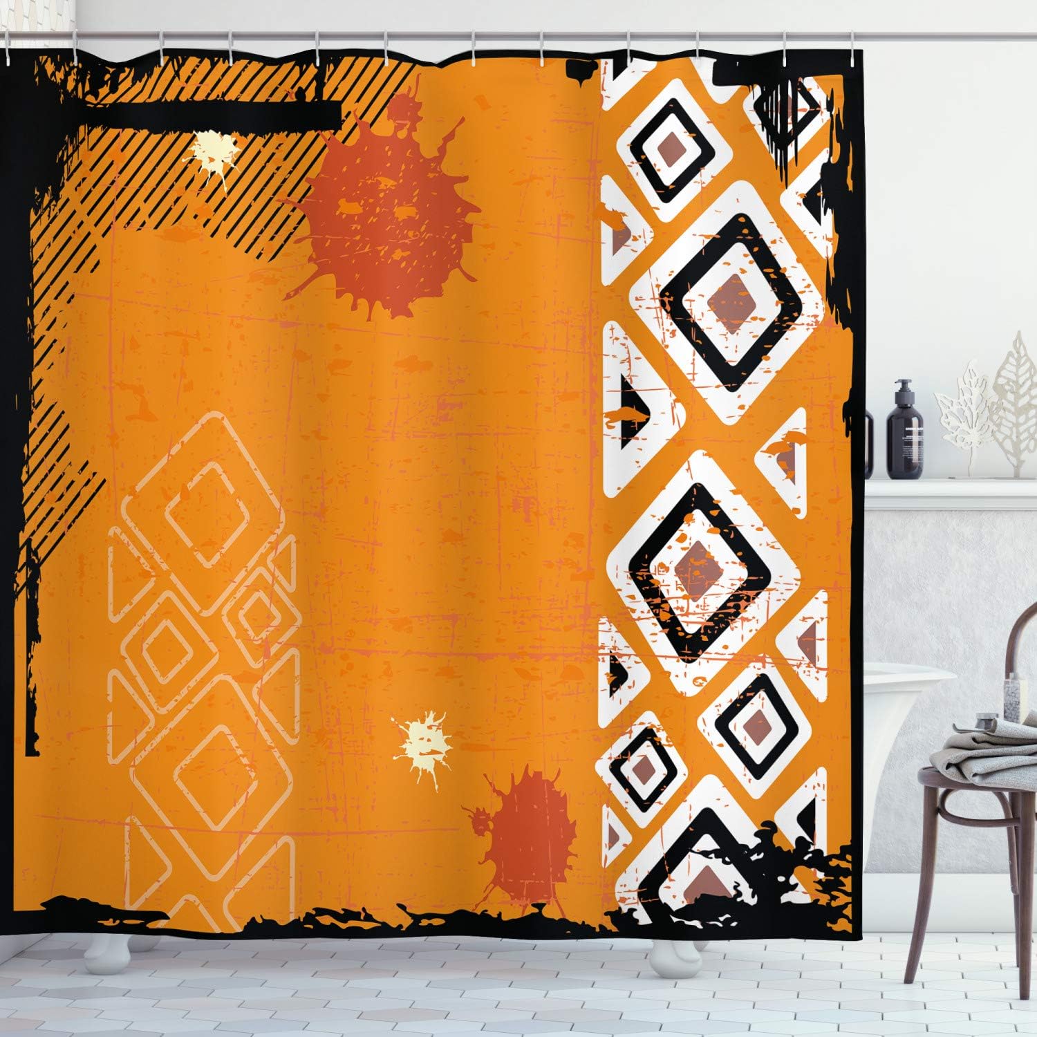 Ambesonne Tribal Shower Curtain, Design Bold Lines Geometric Triangles Art Image, Cloth Fabric Bathroom Decor Set with Hooks, 69" W x 70" L, Black Orange and White