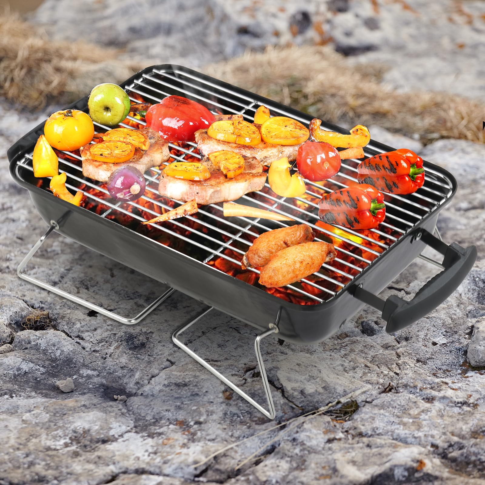 Portable Charcoal Grill, Tabletop Outdoor Barbecue Smoker, Small Folding BBQ Grill with Lid, Thermometer, Stainless Steel Legs for Camping Garden Party Picnic Cooking, Black — view 6