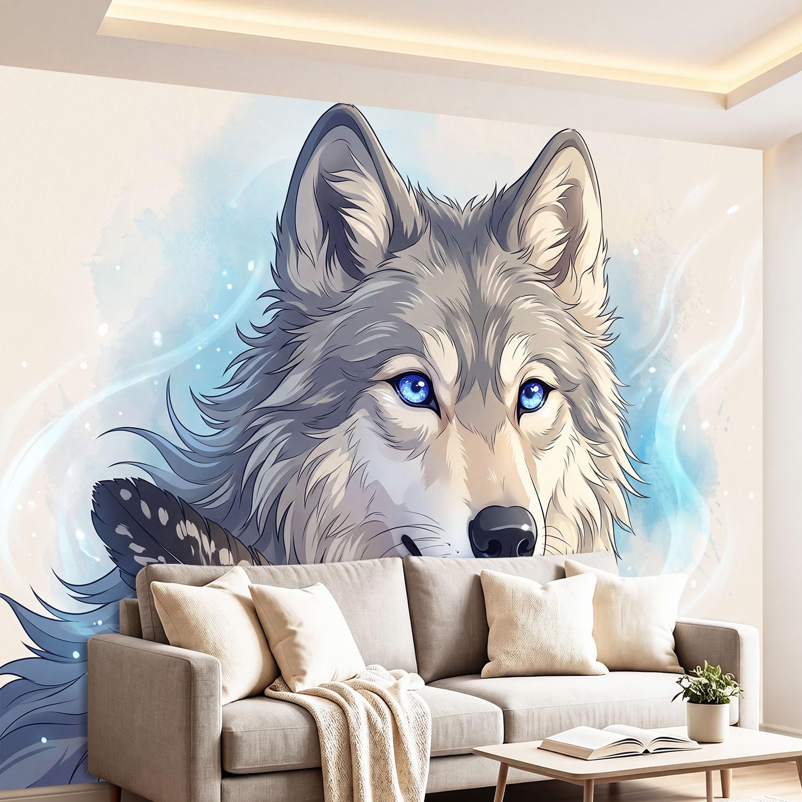 Générique Tapeta wilk szare pióro fala 300 x 210 cm (szer. x wys.) gigantyczny plakat ścienny 3D, fototapeta z kreskówki, fototapeta z włókniny do salonu, sypialni i kuchni