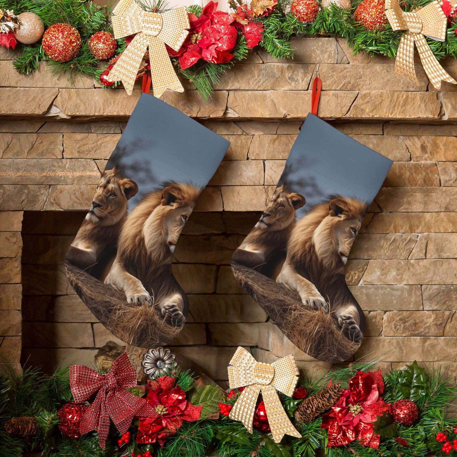 Fodpand Boys Black Two Lions Christmas Stockings Hanging Ornaments For Holiday Decor, 18 Inches Velvet Fireplace Hanging Xmas Stocking, Candy Gift Bags For Christmas Decorations
