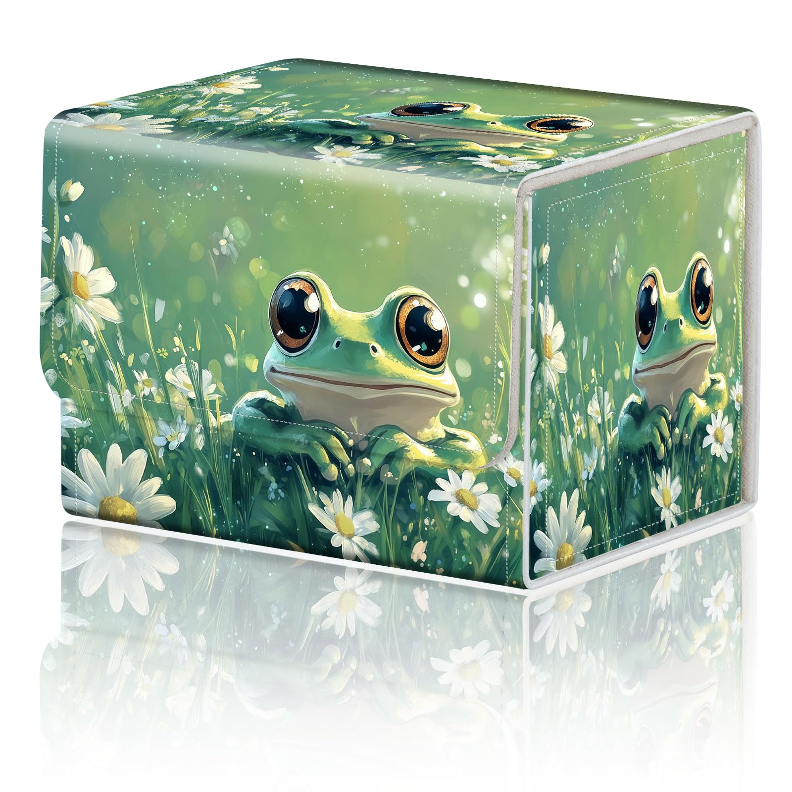 Card Game Storage Box for TCG Deck Box MTG Card Box Organizer Trading Card Case Commander Deck Box TCG Card Storage Box Magnetic Closure Creative Pattern Up to 200 Cards, White Daisies And Cute Frog โ image 1