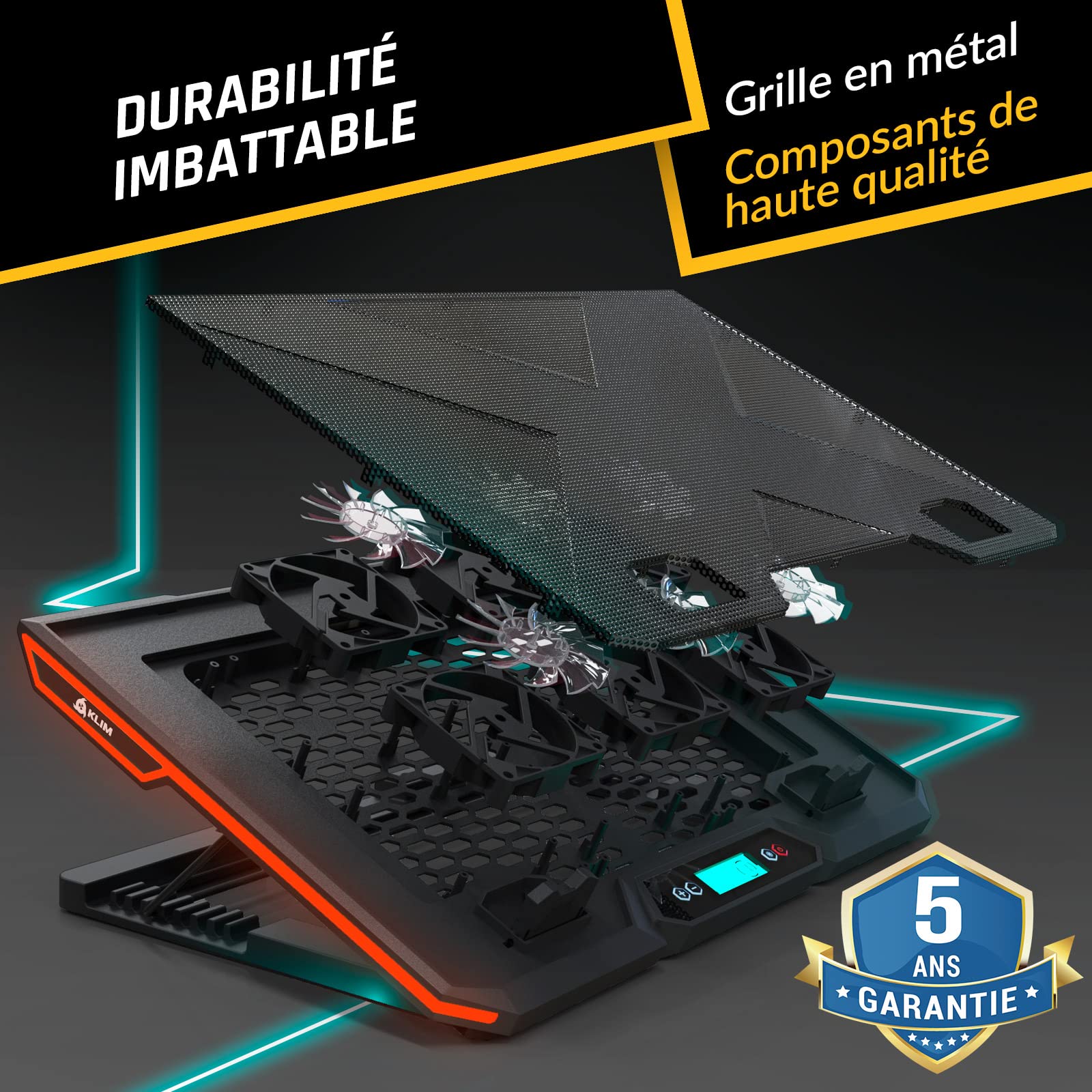 KLIM Glacier Refroidisseur PC - Nouveauté Ventilateurs & Rétroéclairage RGB - 11" - 17" - Support Ordinateur Portable USB - Stable et Silencieux Mac PS4 Xbox One