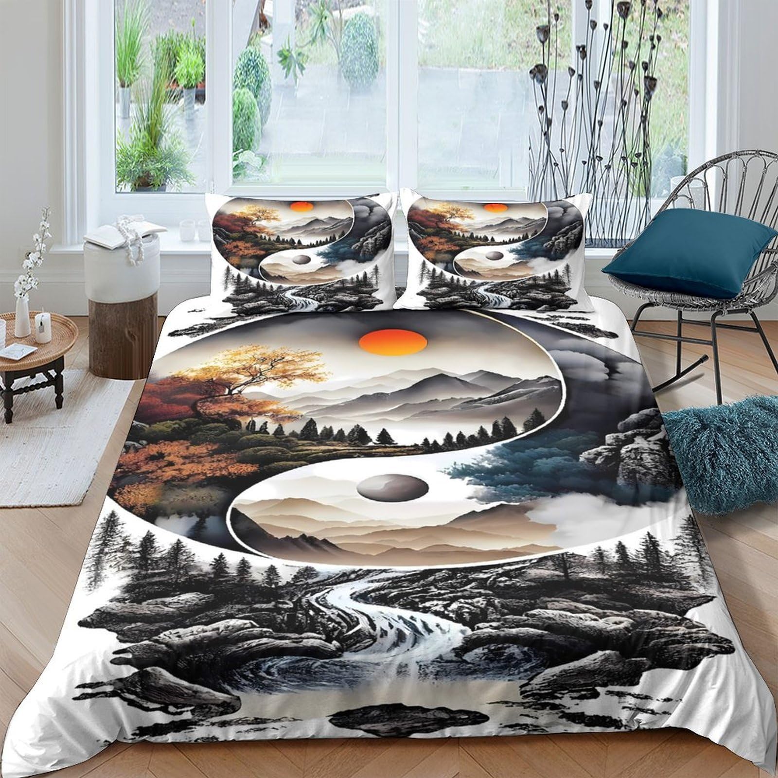 Ctjqhvkz Style-4 3D Printed Yin Yang Forest Fitted Sheet Microfiber Sun Mountain Bed Cover Breathable Decor For Bedroom Dorm Single（135X200cm）