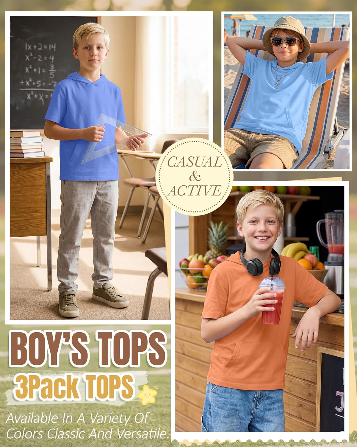 Halfchet 3 Pack Boys Short Sleeve Hoodies Kids Loose Lightweight Sweatshirts Casual Active Athletic Pullovers with Pocket