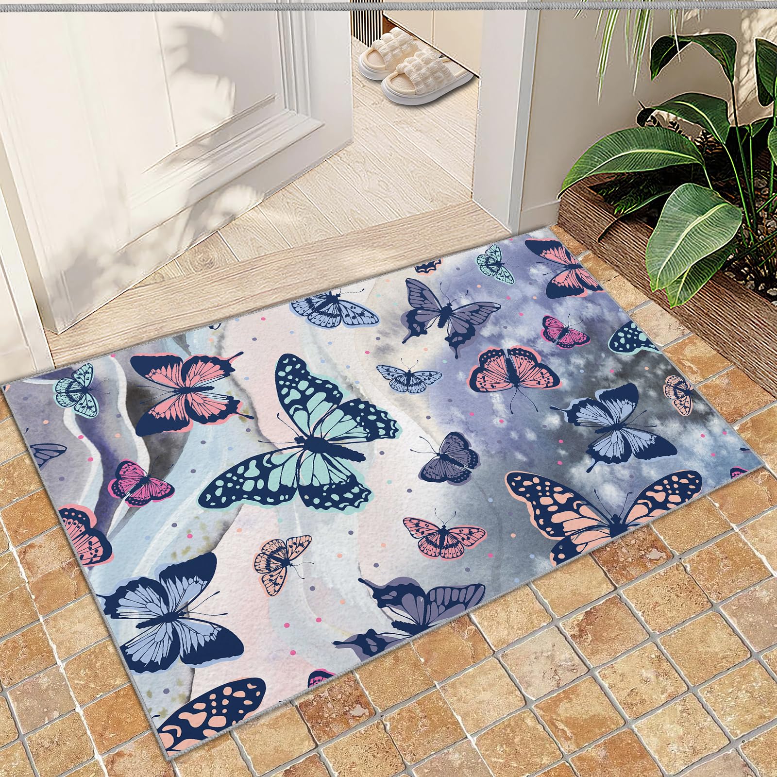 QDJKBL Entrance Rug 60 X 140 Cm Watercolor Vintage Butterfly Animal, Modern Cartoon Children'S Doodles Doormats, Entrance Carpet Fine Fluff for Entrance Door Entryway