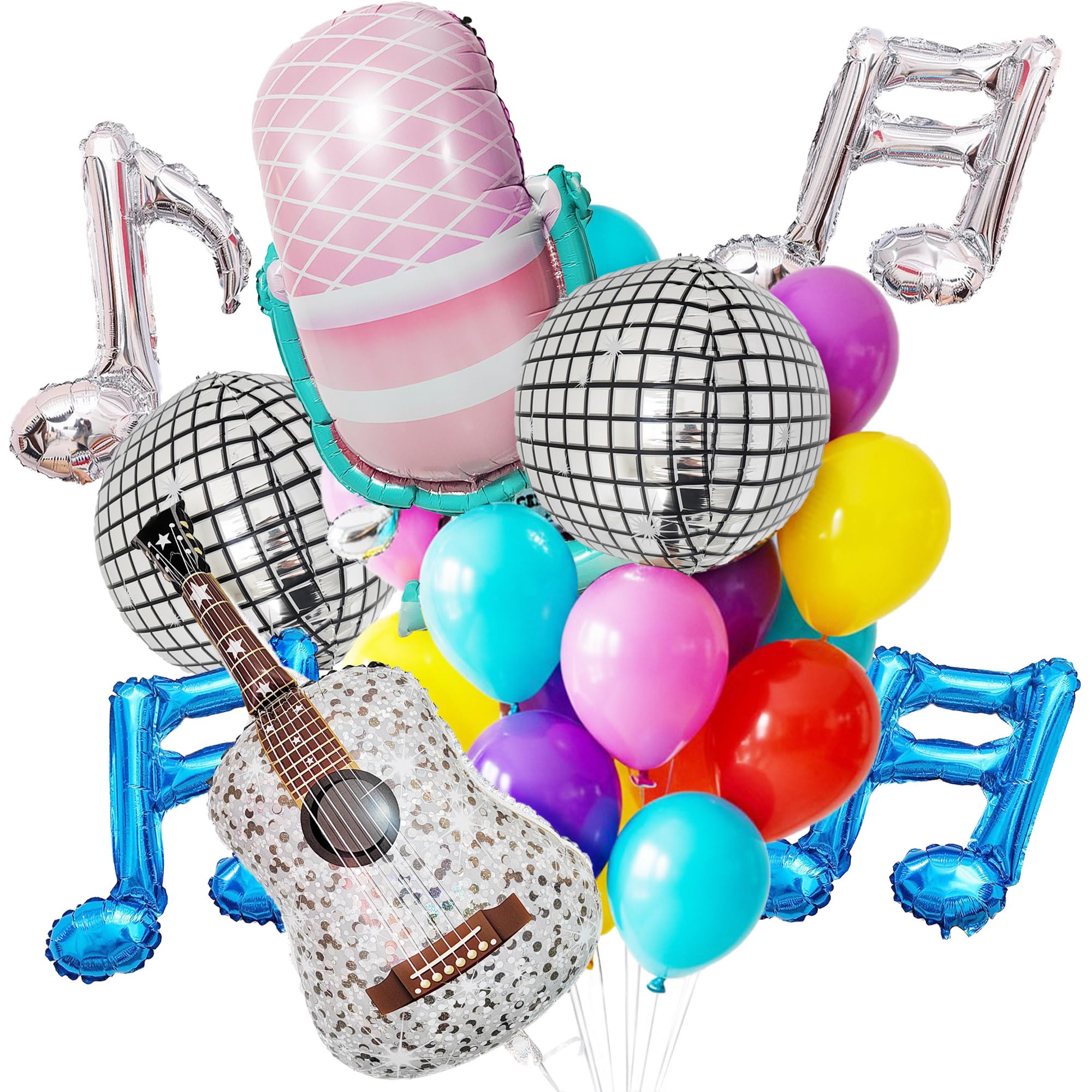 Music Theme Era's Party Balloon Set - 33 Pieces Guitar Disco Ball Microphone and Music Notes Foil Balloons for Music Events Swiftie Party and Birthday