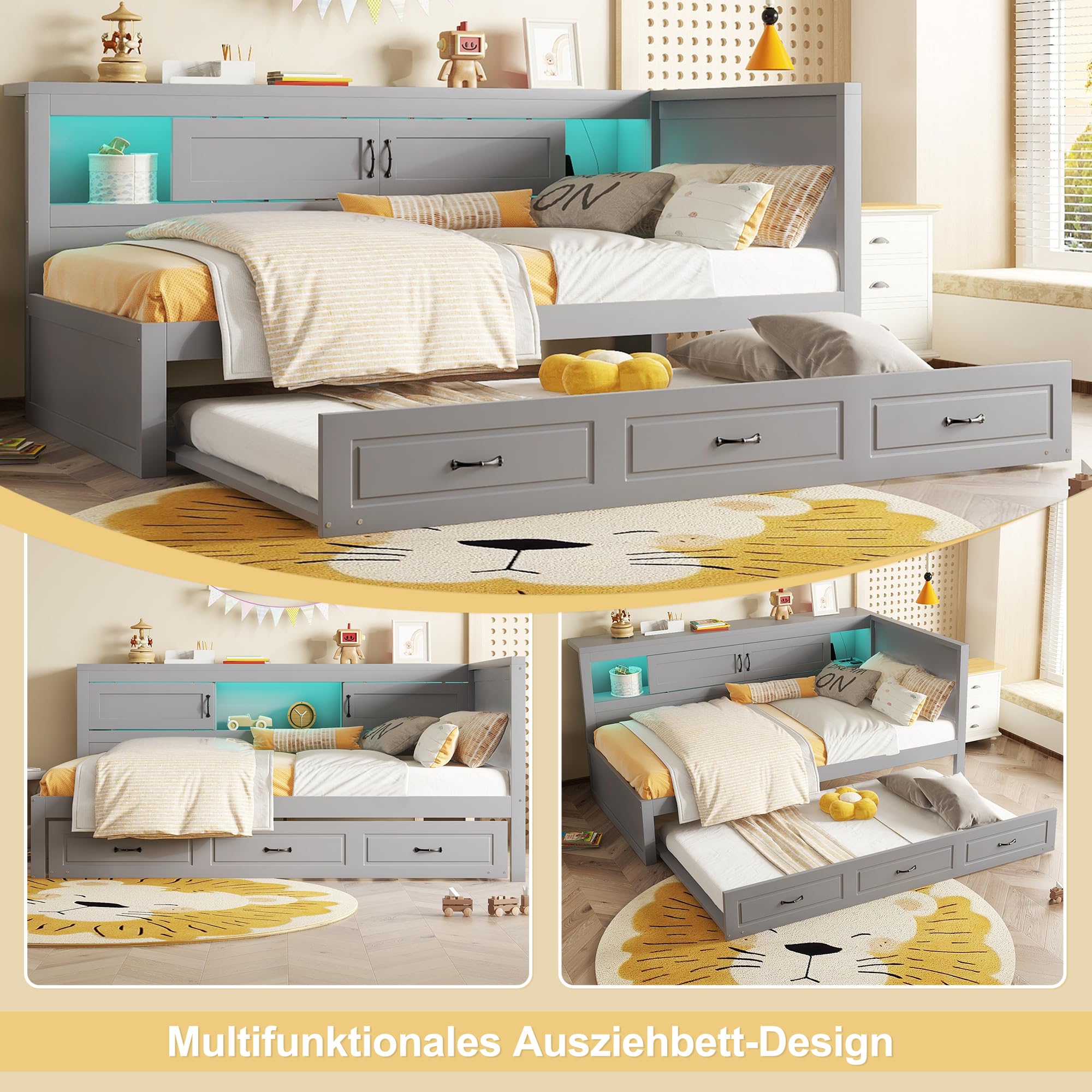 Azkoeesy Letto funzionale, divano letto con letto estraibile, armadio e ante scorrevoli, presa USB, illuminazione a LED, senza materasso (grigio, 90 x 190/200 cm)