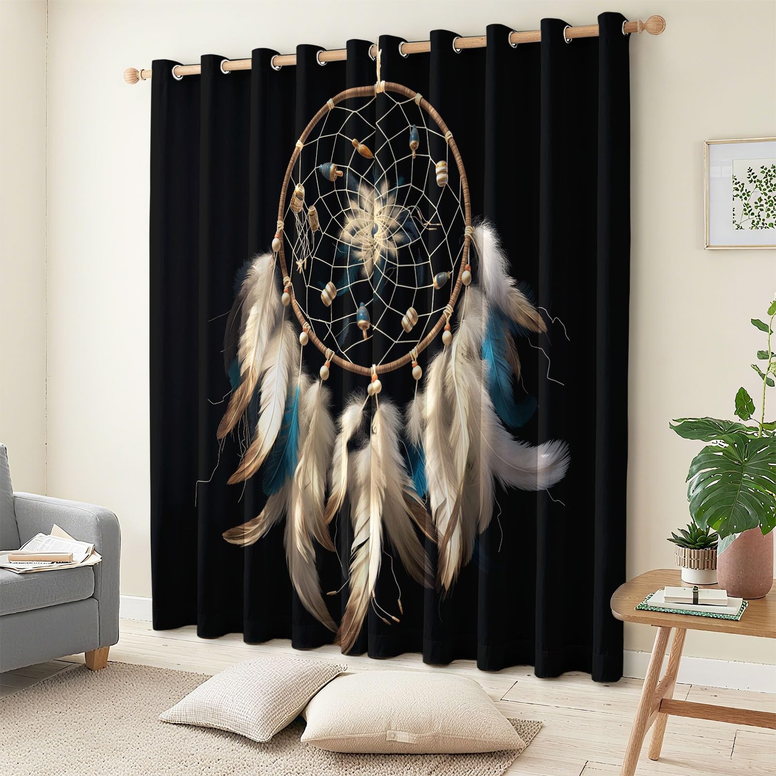 Vorhänge Traumfänger Federn, Dekorative Ösen, Blickdicht Thermo Verdunkelungsvorhang Schwarz Mädchenzimmer Schlafzimmer Wohnzimmer, 2 Paneele 214 x 91.5 cm