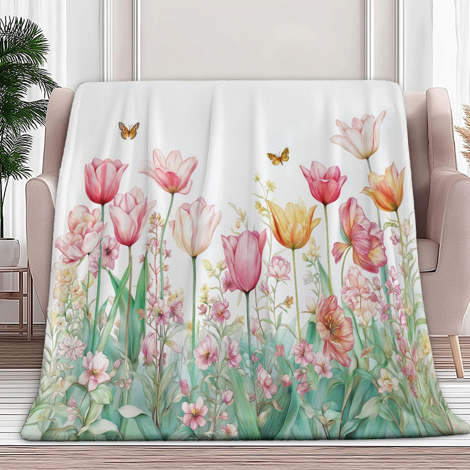 Przytulny koc flanelowy, puszysty, 150 x 200 cm, akwarelowe kwiaty i motyle, koc do mieszkania na kanapę i łóżko, miękki koc polarowy z mikrofibry, jako narzuta na kanapę, różowy