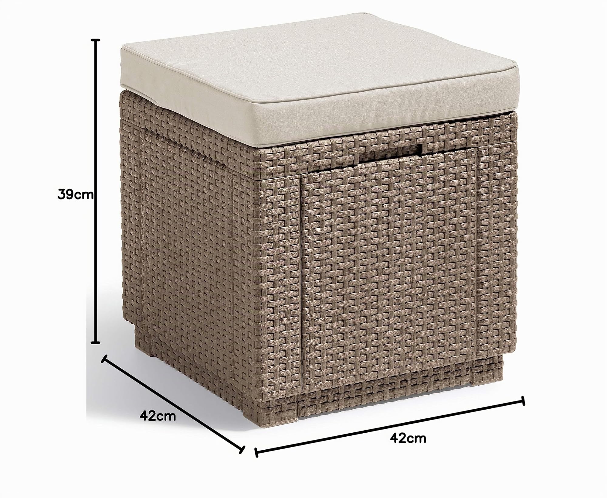 Allibert di Keter » Sgabello a cubo con vano portaoggetti, cappuccino, cuscino incluso, coperchio rimovibile, effetto rattan piatto, resistente alle intemperie, 42x42x39 cm