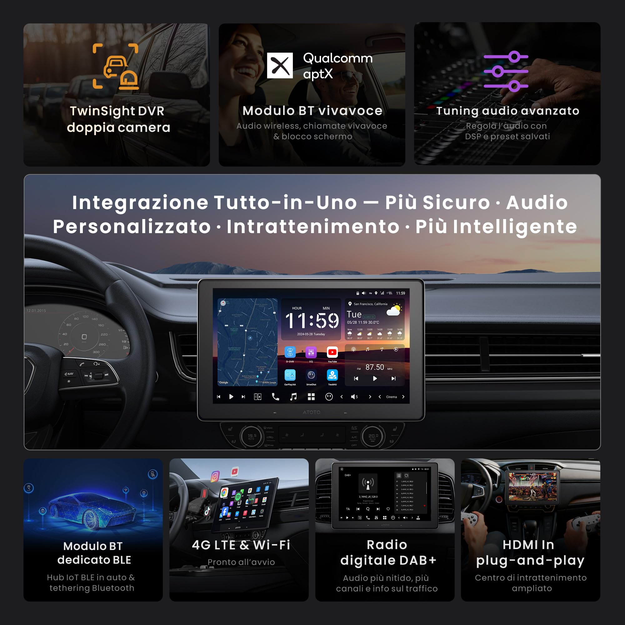 ATOTOZONE 10" QLED DAB AI Autoradio 2 Din Android, 8G+128G, Carplay Senza Fili & Android Auto, 4G LTE, DSP & 36B-EQ, Audio 7.1.2 Canali, Ingresso HDMI, 2 Wifi & Bluetooth, Tracciamento GPS, X10DG211E