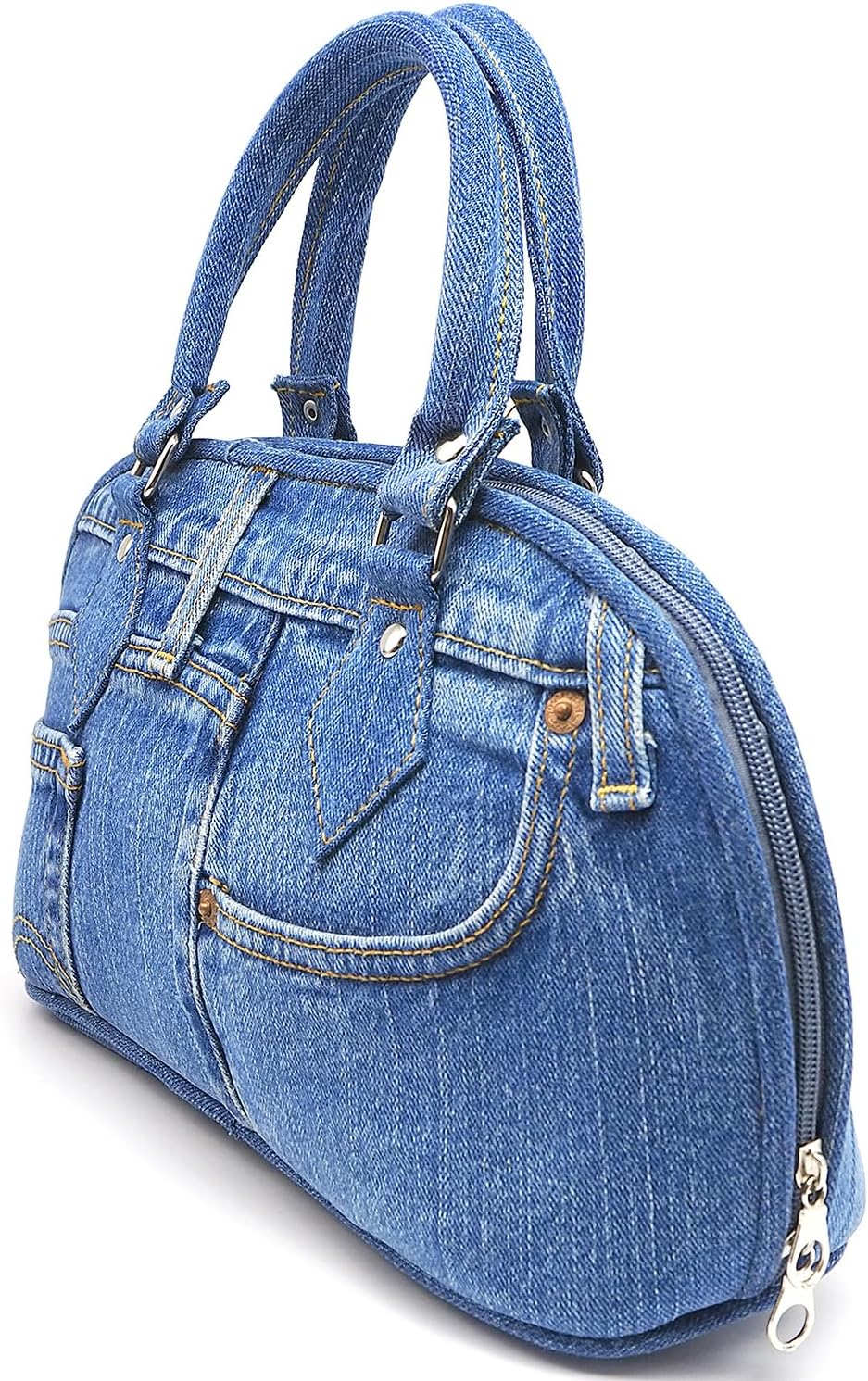 Upcycling Blue Denim Trim Curved Shape Satchel Top Handle Handbag Purse (denim)
