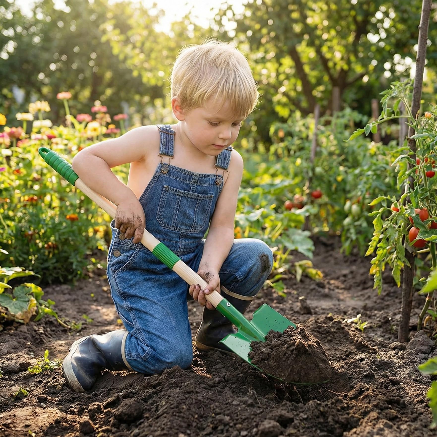 Set da 6 Attrezzi da Giardinaggio per Bambini, per Ragazzi e Ragazze dai 3 Anni in su, Verde, con Pala rastrello Manico in Legno Teste Metallo, Set di Giocattoli da Giardino per Esterni