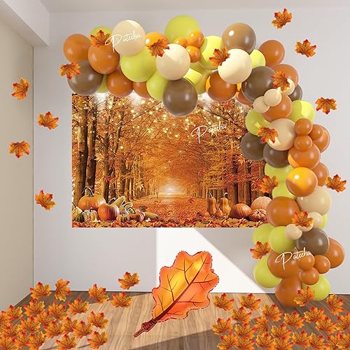 Miniatura 2 de Pateeha Kit de arco de globos de otoño con telón de fondo de otoño, hojas de arce, decoraciones de fiesta de Acción de Gracias, guirnalda de globos
