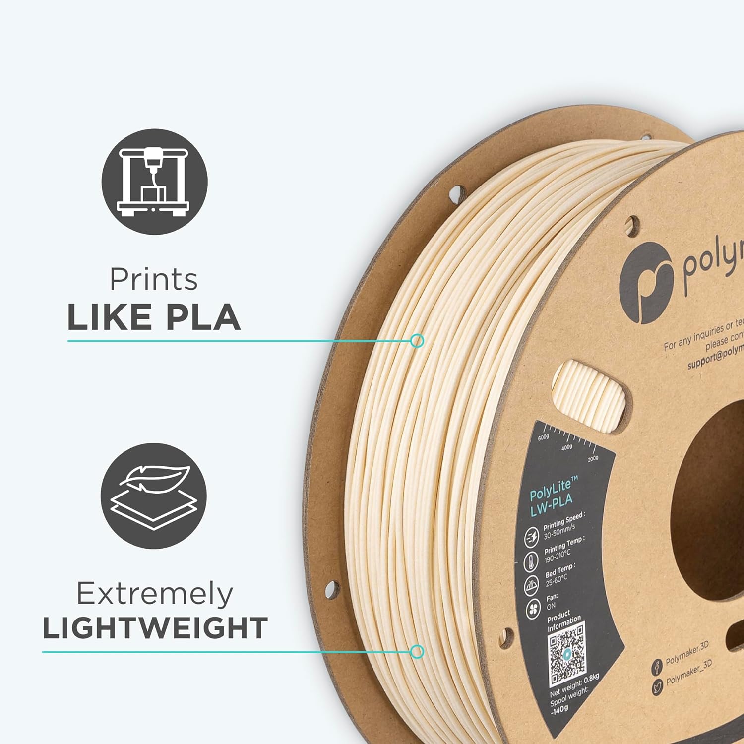 Polymaker Light Weight PLA Filament 1.75mm White 0.8kg, PolyLite 3D Printer PLA Filament White Low Density, Print with Most 3D Printers
