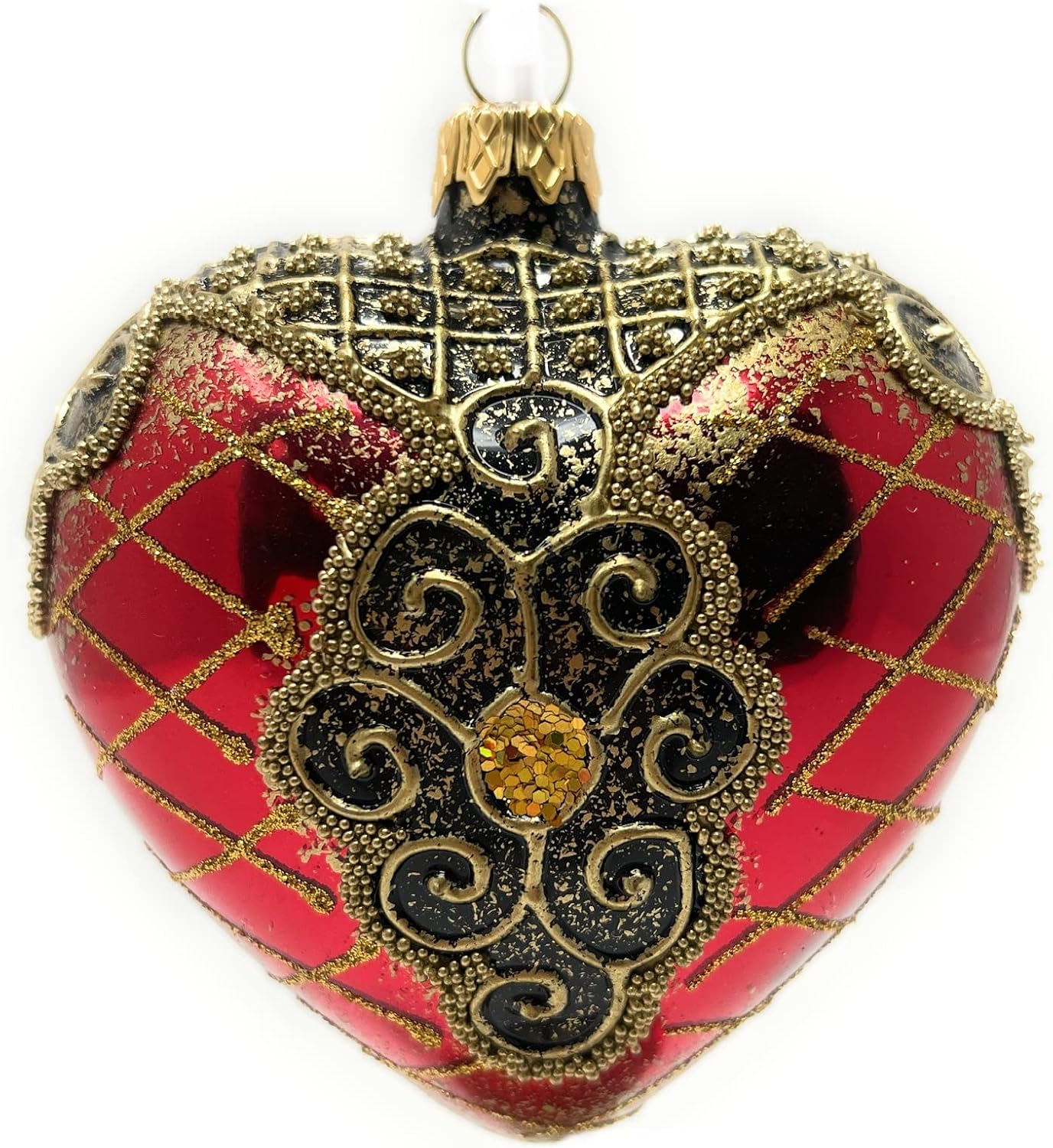 Christmas Heart Ornament Blown Glass, Royal Inspired Hand Decorated, 4 in. Palace Red