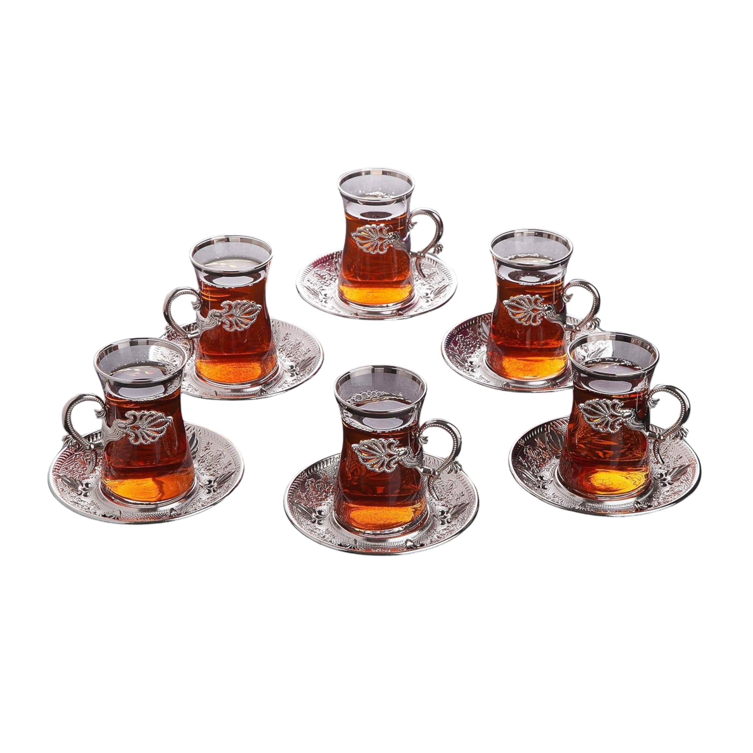 LaModaHome Vintage Handmade Turkish Tea Glasses with Saucer and Holders, Ottoman and Arabic Cups Set of 6 for Serving Guests, Teatime, Dinner,