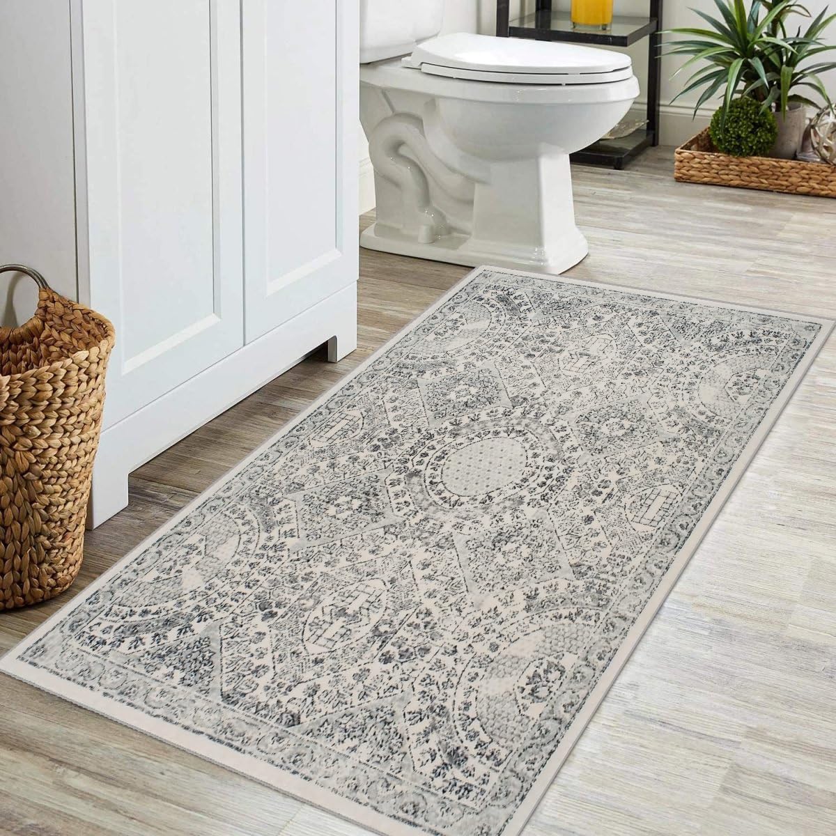Teppich Läufer Flur Küche Grau Schlafzimmerteppich Boho 120x400cm | rutschfest Waschbar Lang Vintage Wohnzimmerteppich Meterware Läuferteppich Flurläufer Korridor Polyester