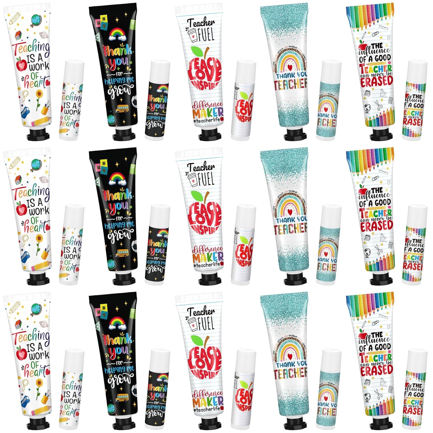 Loopeer 30 Sets Teacher Appreciation Gifts Bulk 5 Style Travel Size Lip Balm and Hand Cream Thank You Gift Sets for Teacher Staff Team Woman Man Office Supplies Back to School Party Favors