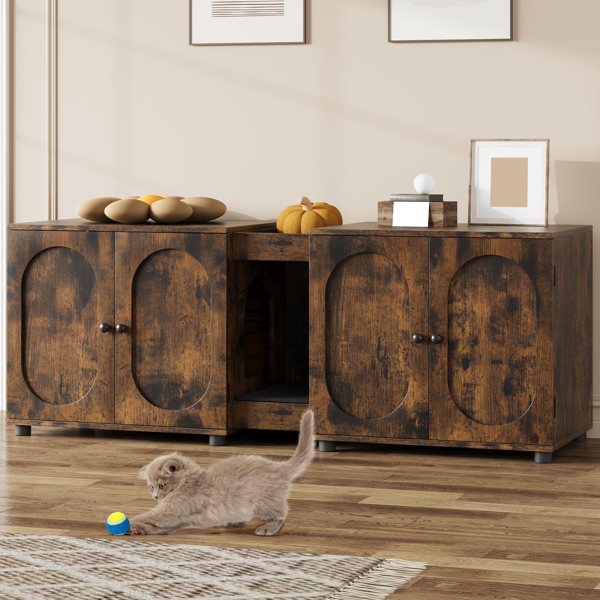 Meuble Litière pour Chat Double en Rotin, Maison de Toilettes pour Chat d'Intérieur avec Entrée et Range Chat, Meuble Litière Chat