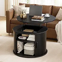 FABATO Mesa de centro redonda elevatória, mesa de centro com detalhes de madeira canelada, armazenamento oculto e prateleiras abertas, mesa de tambor com porta deslizante, mesa central pequena para