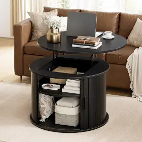 FABATO Mesa de centro redonda elevatória, mesa de centro com detalhes de madeira canelada, armazenamento oculto e prateleiras abertas, mesa de tambor com porta deslizante, mesa central pequena para