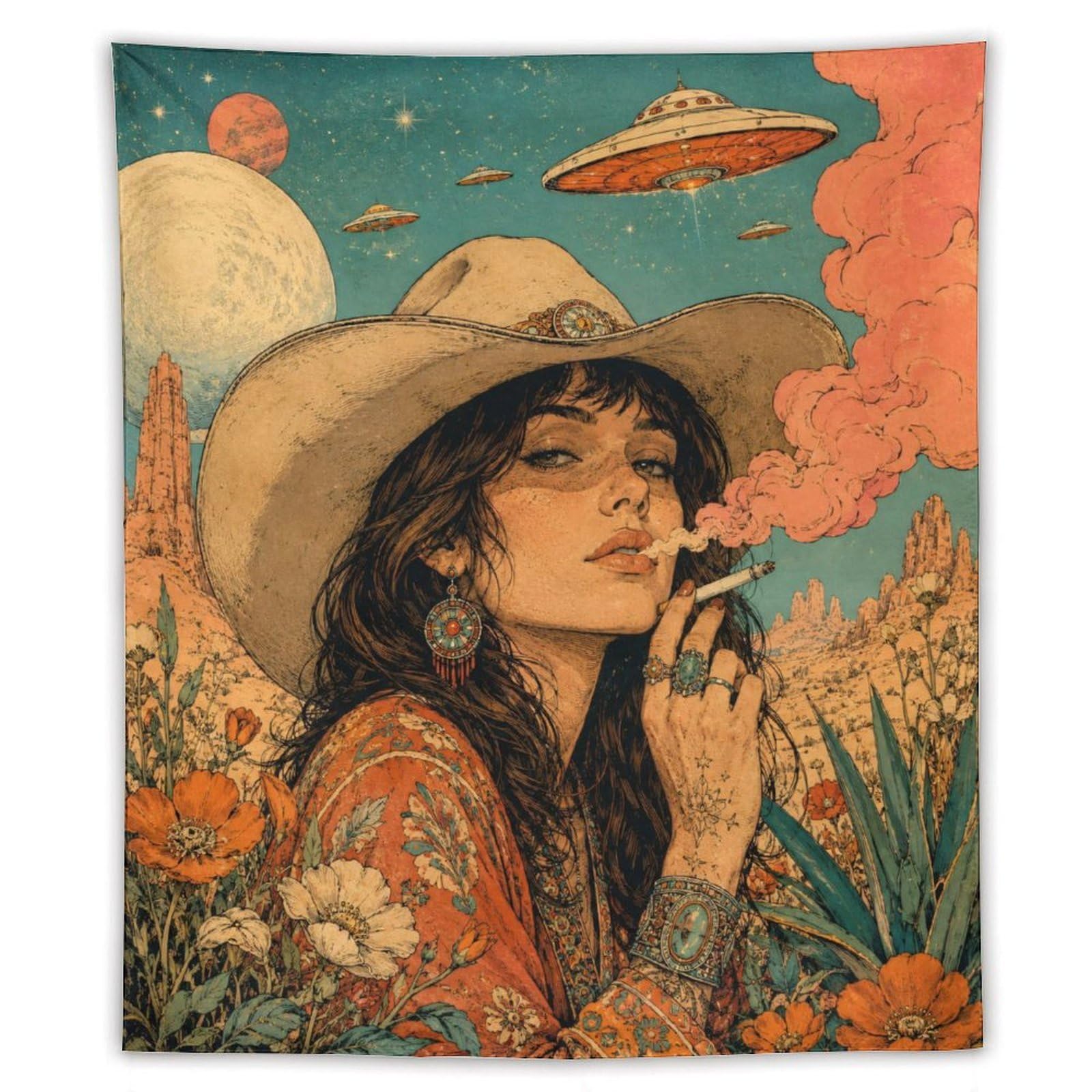 W7C8U2X3 Cowgirl with UFOs Wall Tapestry, Vintage Poster, College Dorm