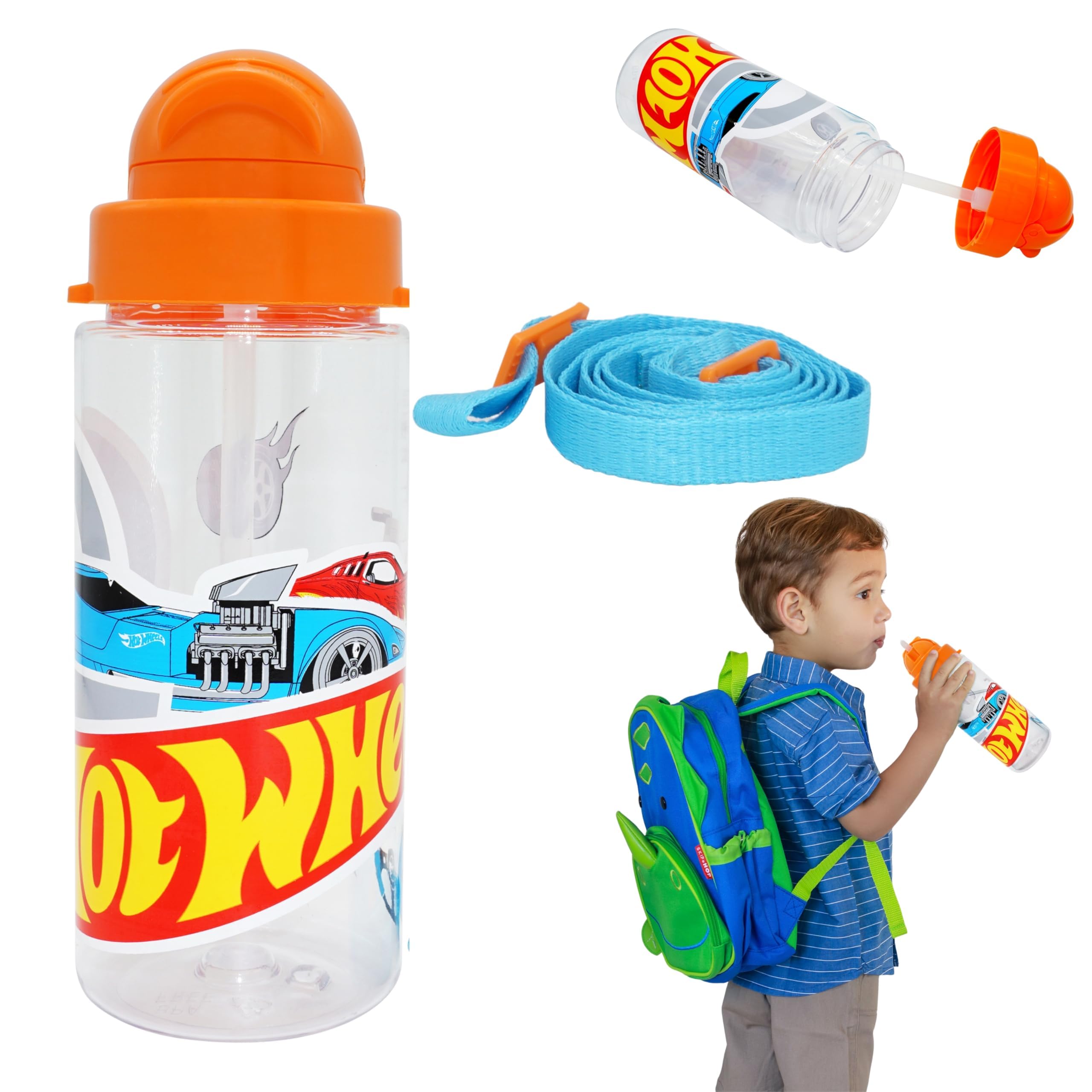 SRV Hub Hot Wheels Kids Water Bottle 500ml – BPA-Free Leakproof Plastic Bottle with Strap – Reusable Summer School Drinks Bottles for Boys Age 3+ – Travel & Sports Accessories