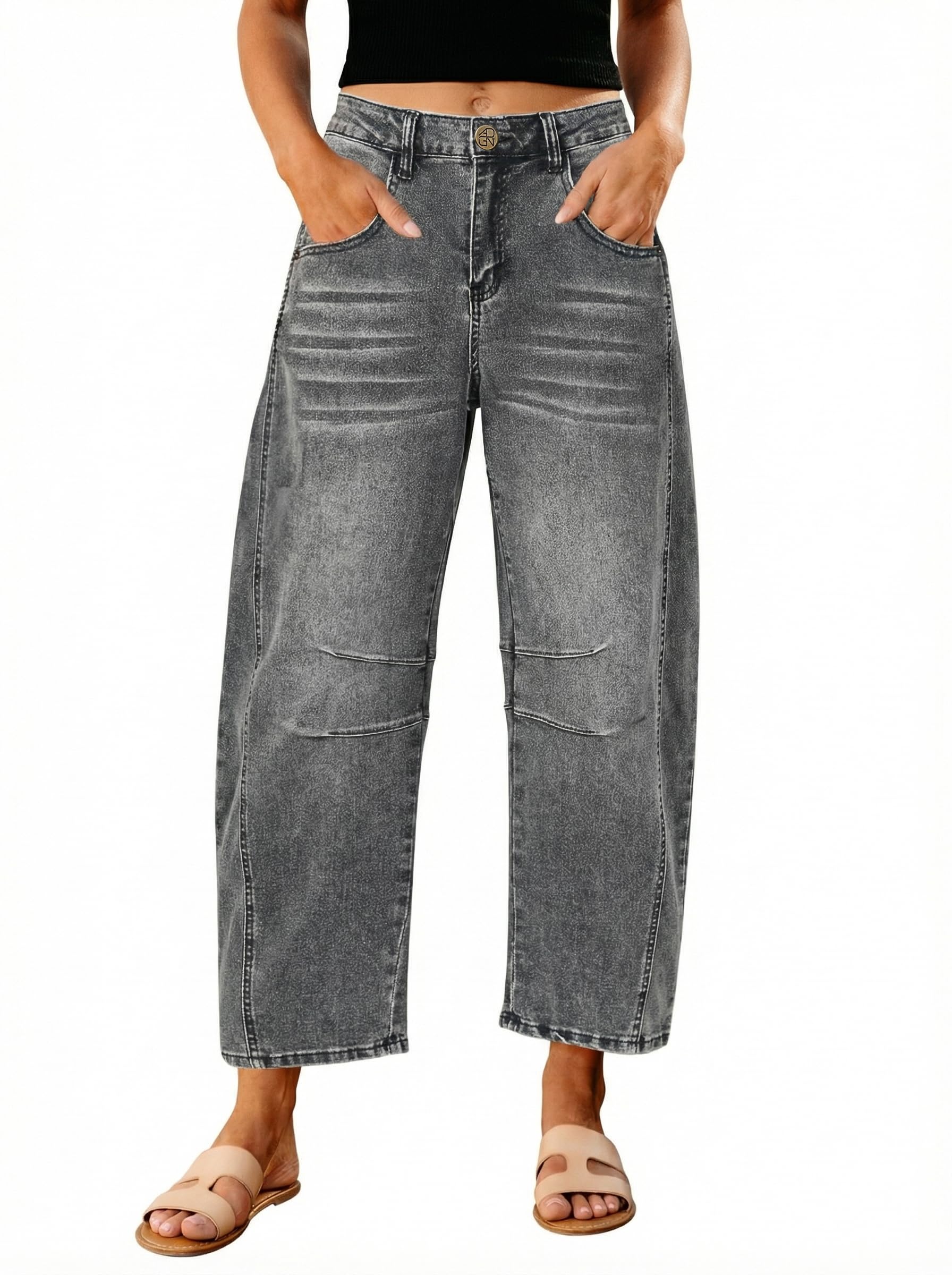 GRAPENT Barrel Jeans for Women High Waist Baggy Cropped Stretch Denim Pants | Barrel Leg Cut, High Rise, 26'' Inseam, Seam Details, Trendy Crop Jeans, Relaxed Fit, For Daily Wear, Dressy Casual Outfit