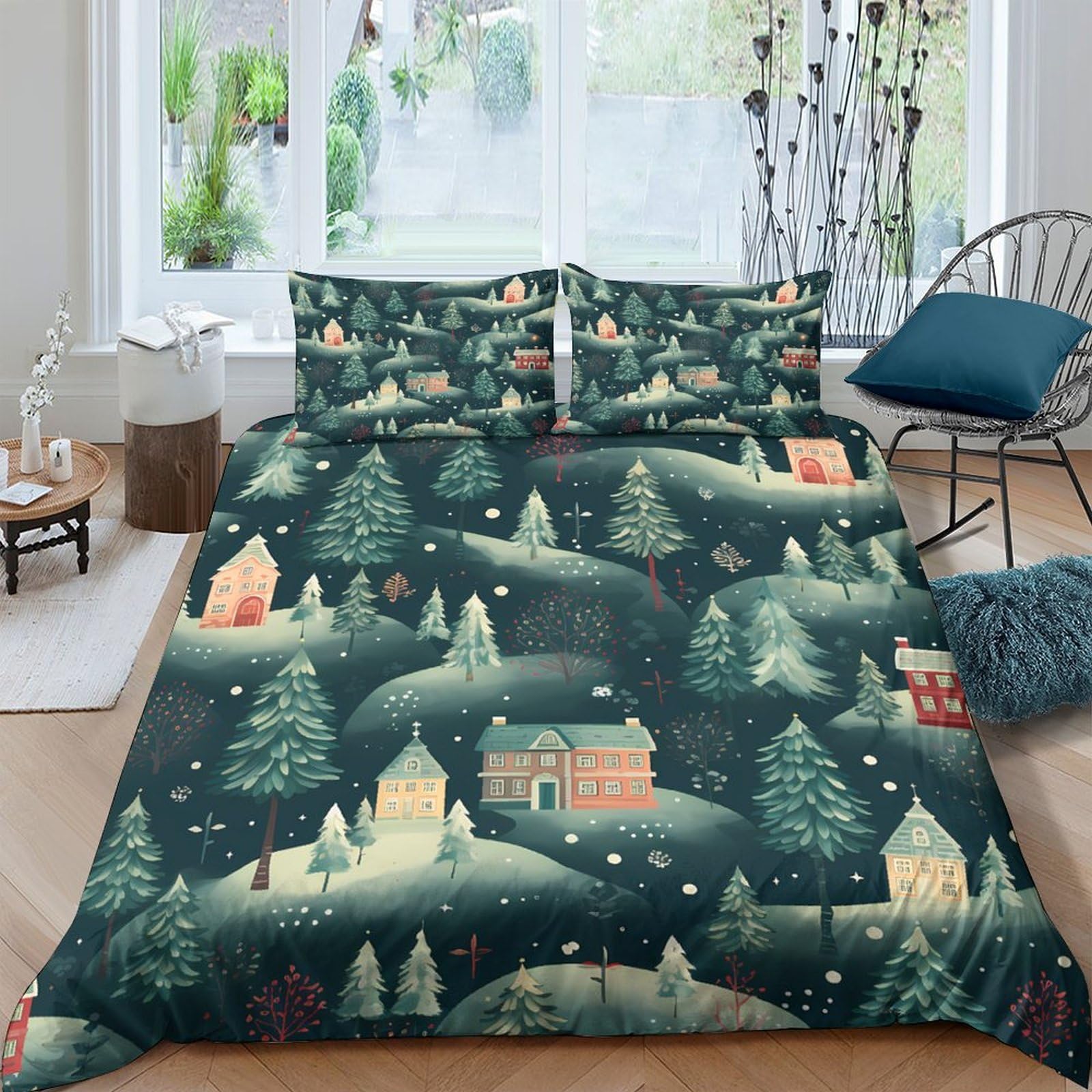Ctjqhvkz Style-3 3D Printed Winter Village Fitted Sheet Microfiber Soft Forest House Mattress Cover For Bedroom Guest Room Decor Single（135X200cm）