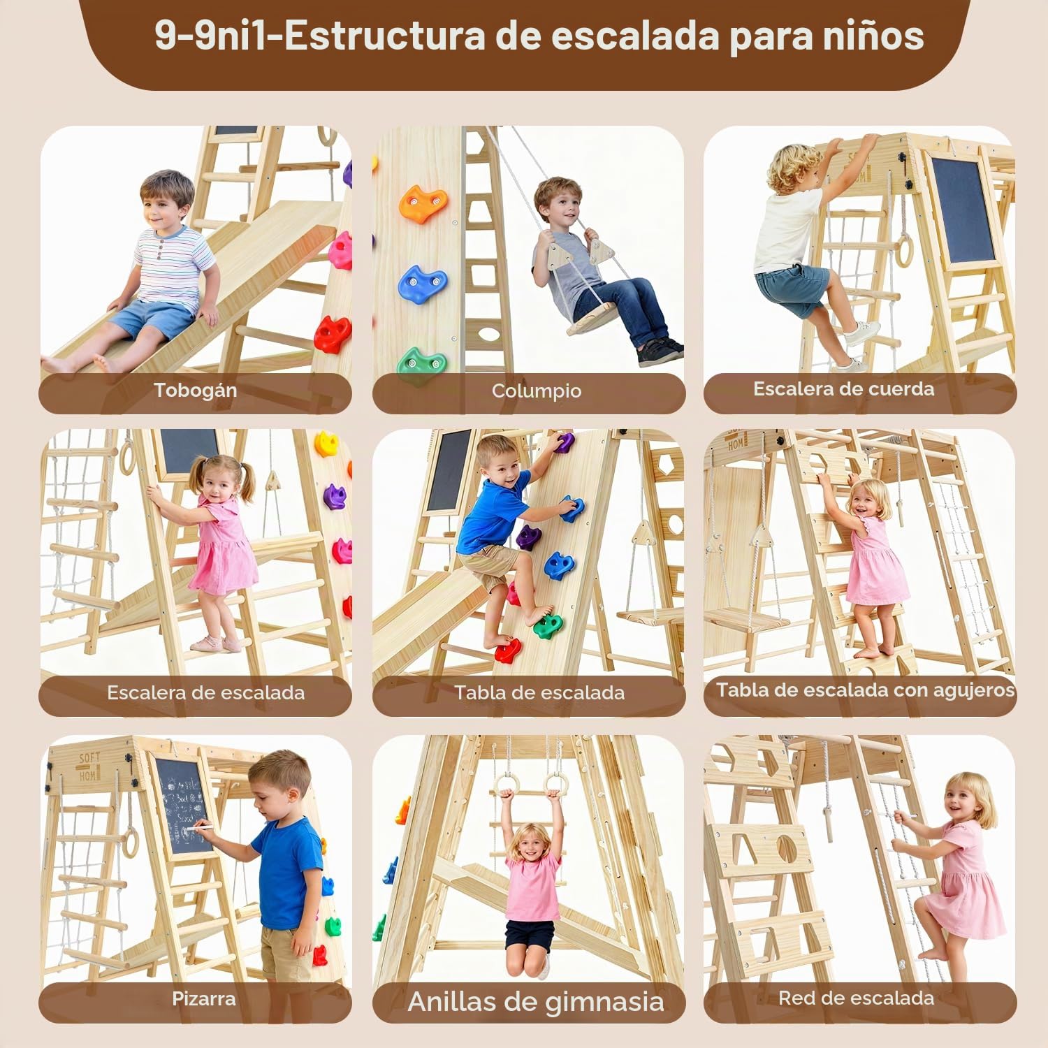 Maxi Estructura de Escalada de Interior Partir de 1 año, 10 en 1 Estructura de Escalada para Niños, Seguro Estable Montessori Set de Escalada de Madera, Pizarra, Balancearse, Muro de Escalada