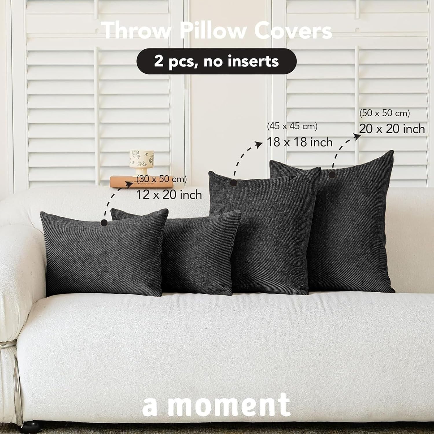 a moment Pack of 2 Decorative Chenille Throw Pillow Covers with Twill Cushion Covers for Sofa Living Room Couch Bed 20x20 Inch Black - Image 4