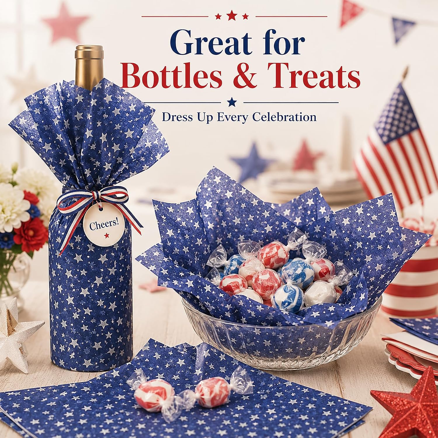 60 Sheets Vintage Patriotic Star Tissue Paper, 13.8 x 19.7'' Blue Gold Stars Patterns Gift Wrapping Paper for 4th of July DIY Craft Memorial Day Party Supplies (Silver)