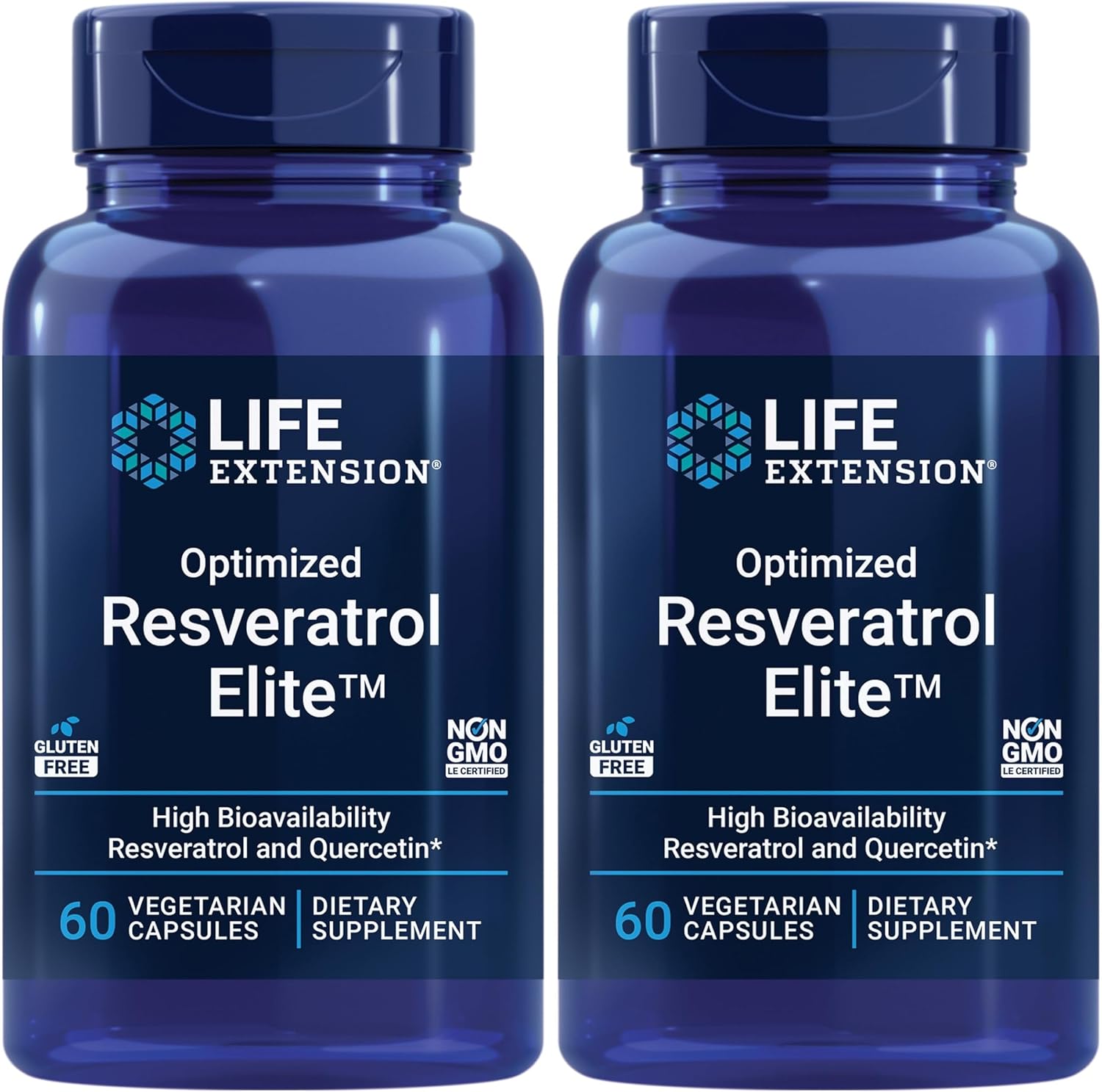Life Extension Optimized Resveratrol Elite, Trans-resveratrol, quercetin, Healthy Aging, Heart Health, Brain Health, oxidative Stress, Gluten-Free, Non-GMO, Vegetarian, 60 Capsules, (Pack of 2)