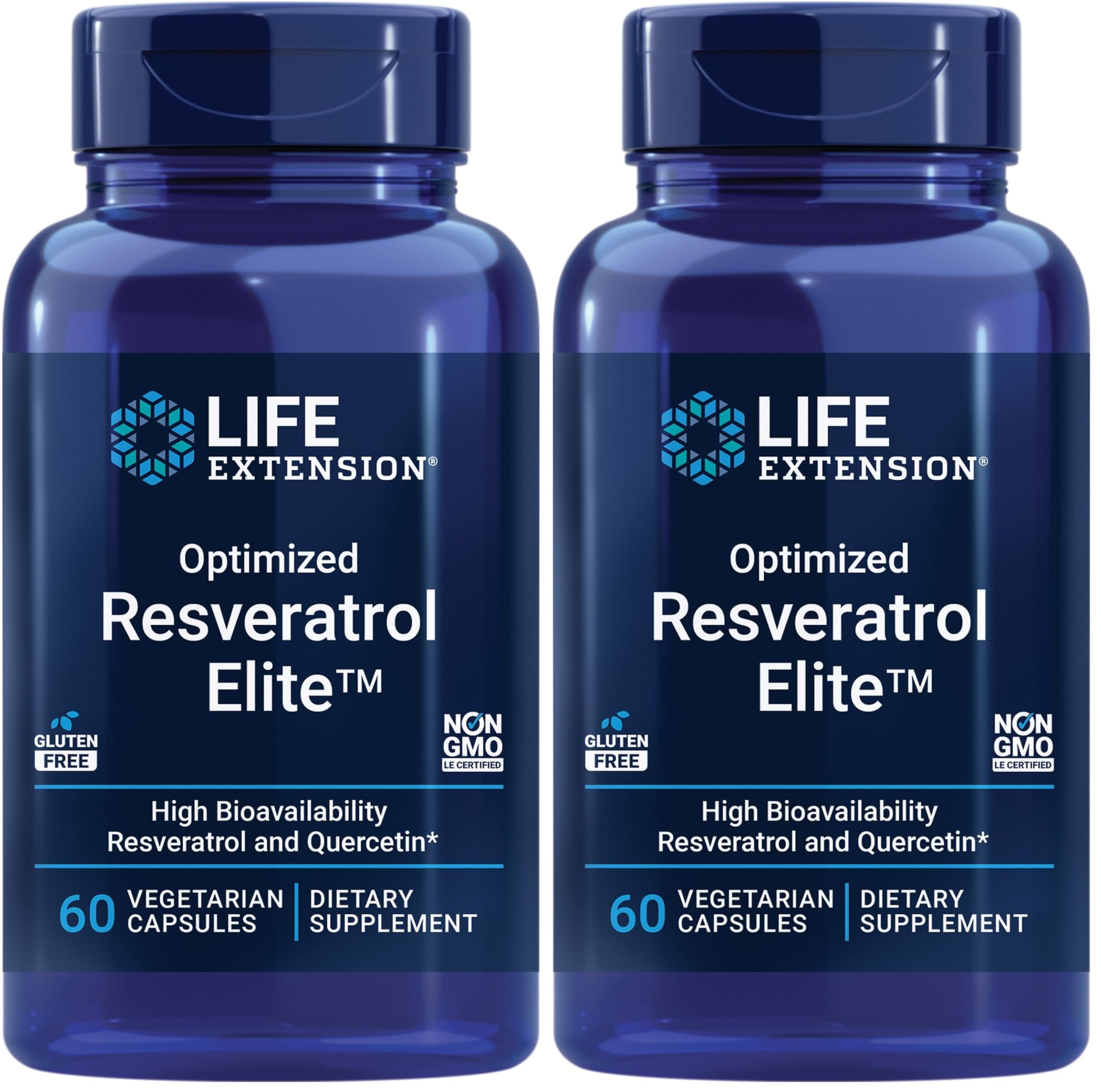 Life Extension Optimized Resveratrol Elite, Trans-resveratrol, quercetin, Healthy Aging, Heart Health, Brain Health, oxidative Stress, Gluten-Free, Non-GMO, Vegetarian, 60 Capsules, (Pack of 2) 60 Count (Pack of 2) Optimized Resveratrol Elite
