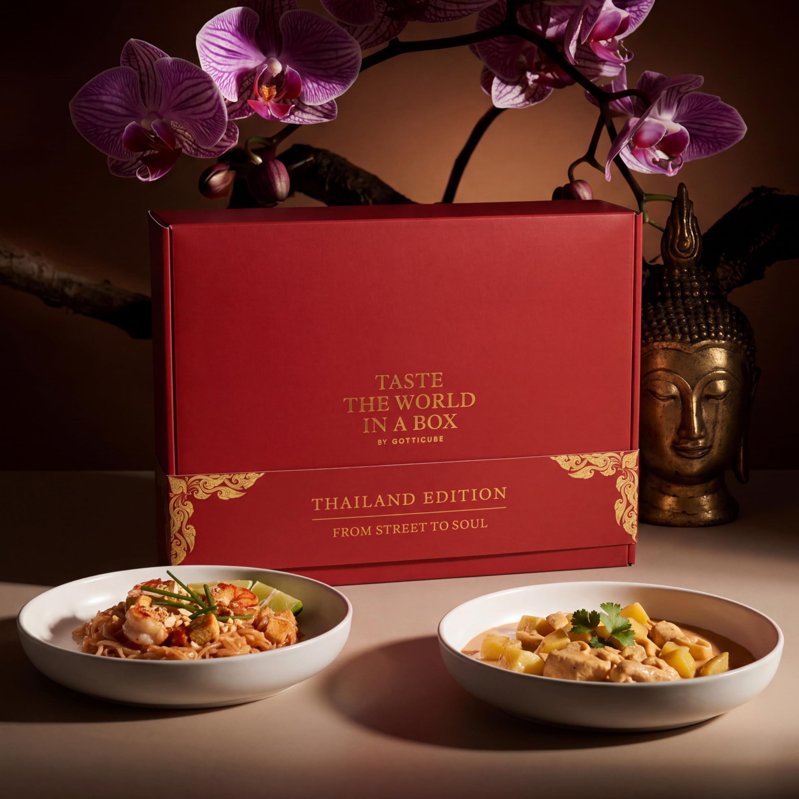 Thai Kochset & Geschenkset | Original Zutaten für Pad Thai & Massaman Curry | Kochbox für bis zu 15 Portionen | Inkl. Getränke & Rezeptkarten | Authentisches Thailand Geschenk