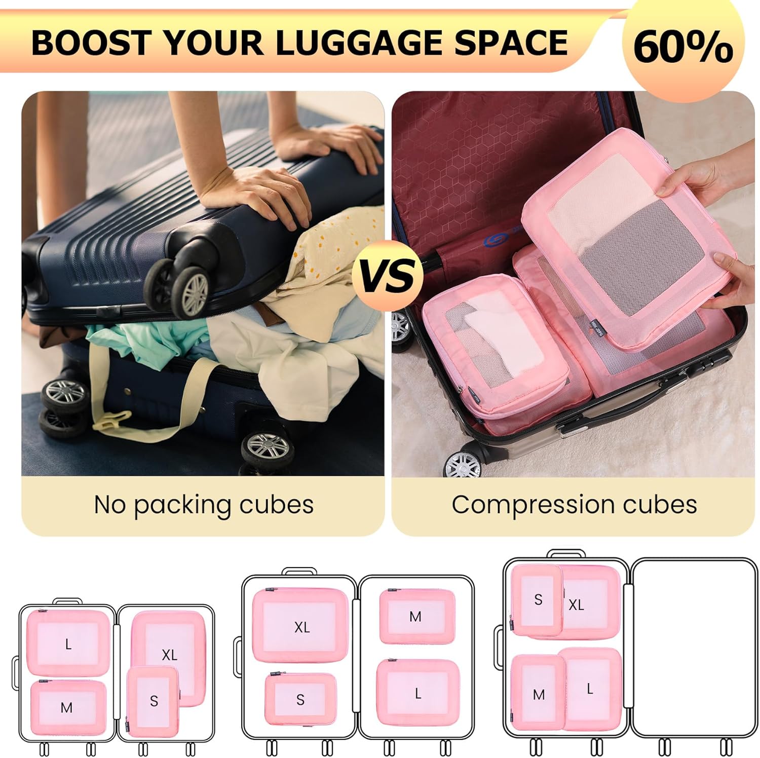 4 Set Ultralight Compression Packing Cubes Travel for Suitcases ，Compressible Mesh Packing Cubes for Travel Women Packing Organizers (Pink) - Image 8