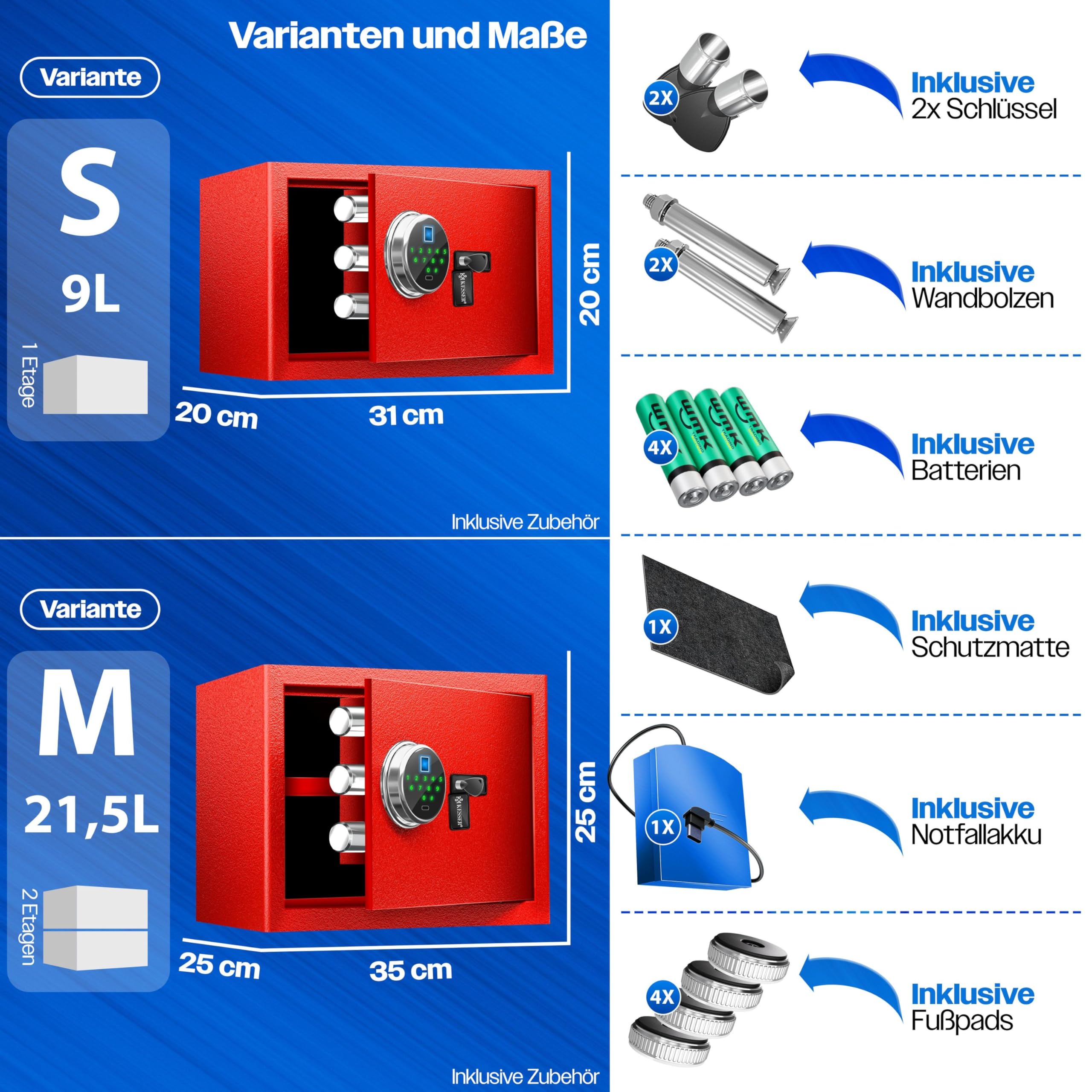 KESSER® Elektrische kluis met vingerafdruk en sleutel XL, inclusief