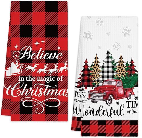 Miniatura 22 de Toallas de cocina de Navidad - Rosa, toallas de mano absorbentes con diseño de moño de Papá Noel y cuadros de búfalo, decoración festiva de invierno