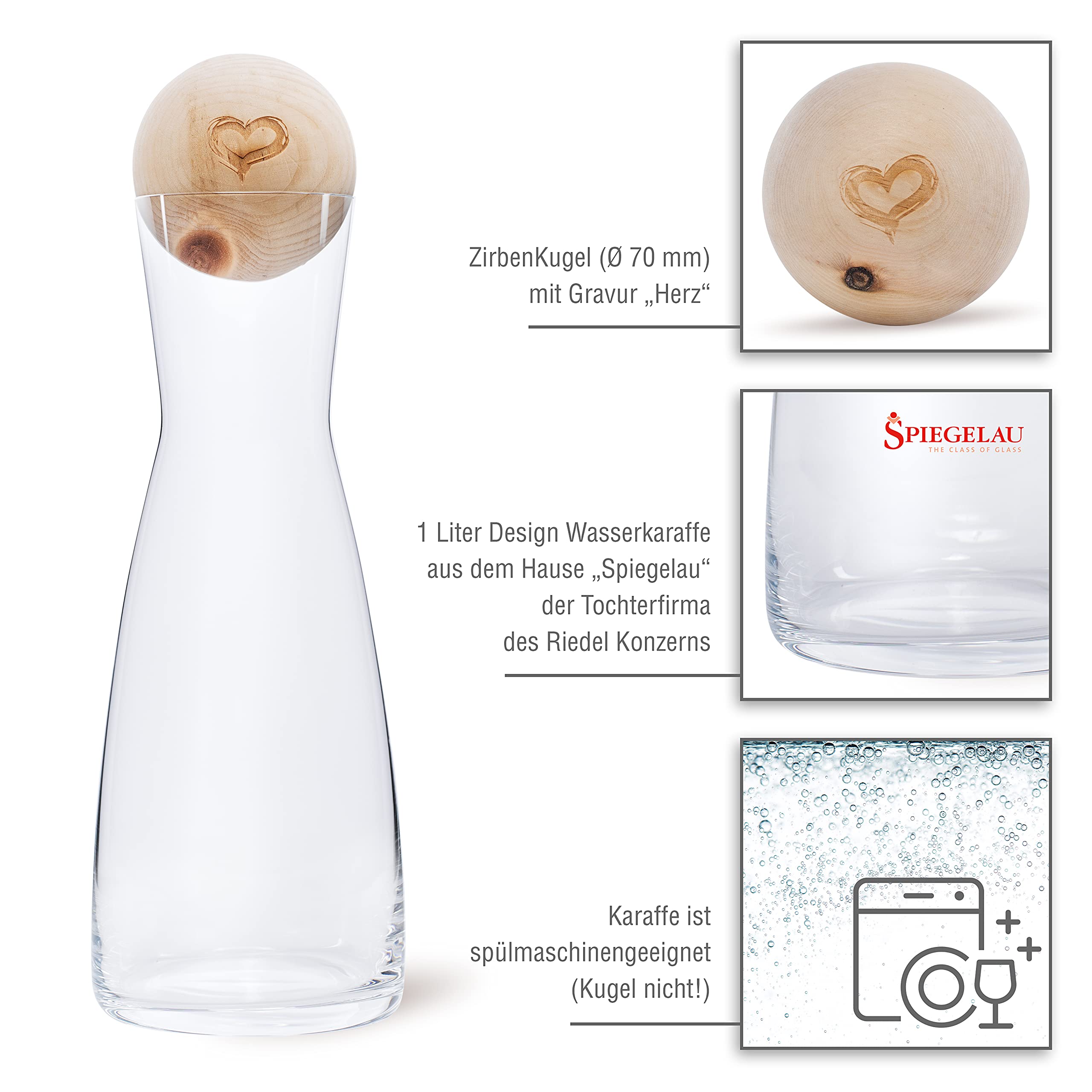 Zirben Familie El juego original de bolas de pino cembro incluye jarra de agua | confiere al agua un toque especial | jarra de 1 litro de cristal con tapa de madera de pino | edición de corazón
