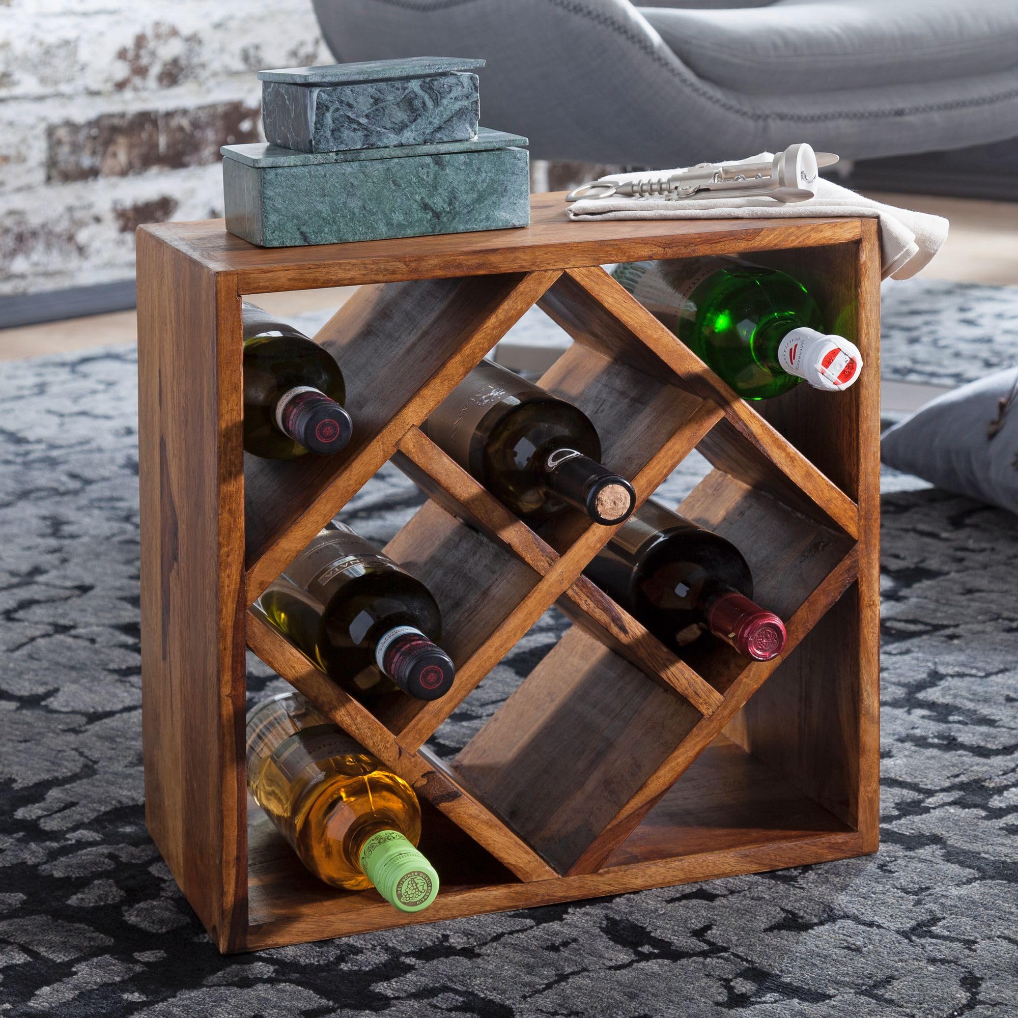 FineBuy Weinregal 40x25x40 cm Massivholz Braun für 8 Flaschen | kleines Flaschenregal stehend für die Küche, Standregal schmal, Weinhalter handgefertigt, Unikat